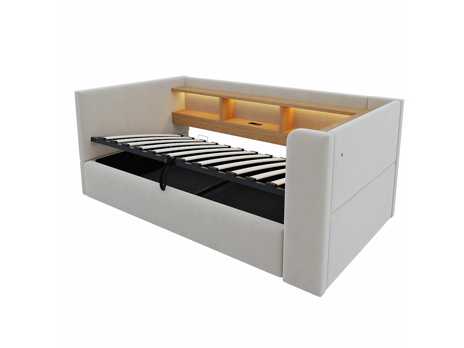 Lit coffre enfant 90x190 cm avec LED, prise et rangements - Lit banquette en tissu gris clair