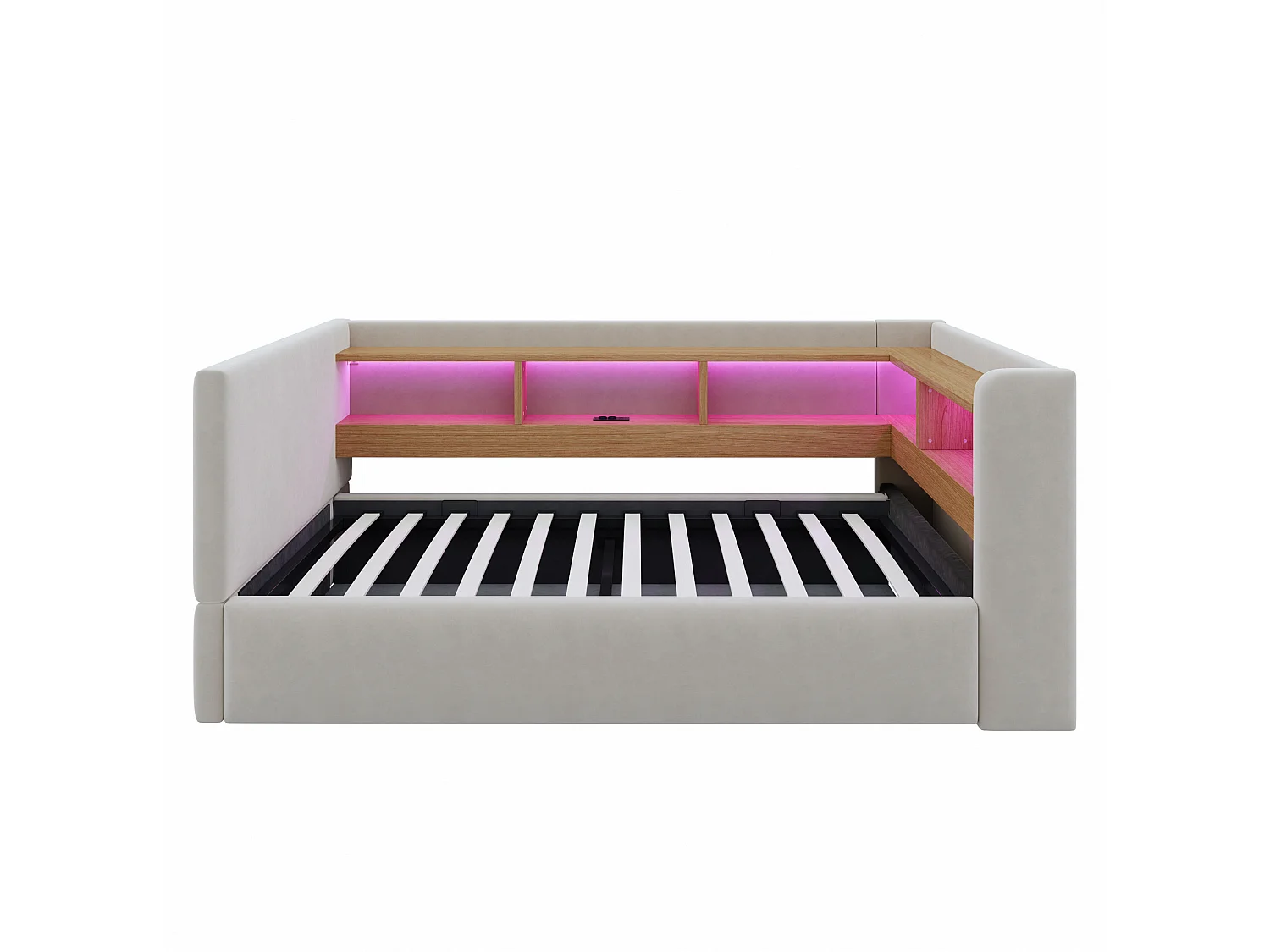 Lit coffre enfant 90x190 cm avec LED, prise et rangements - Lit banquette en tissu gris clair