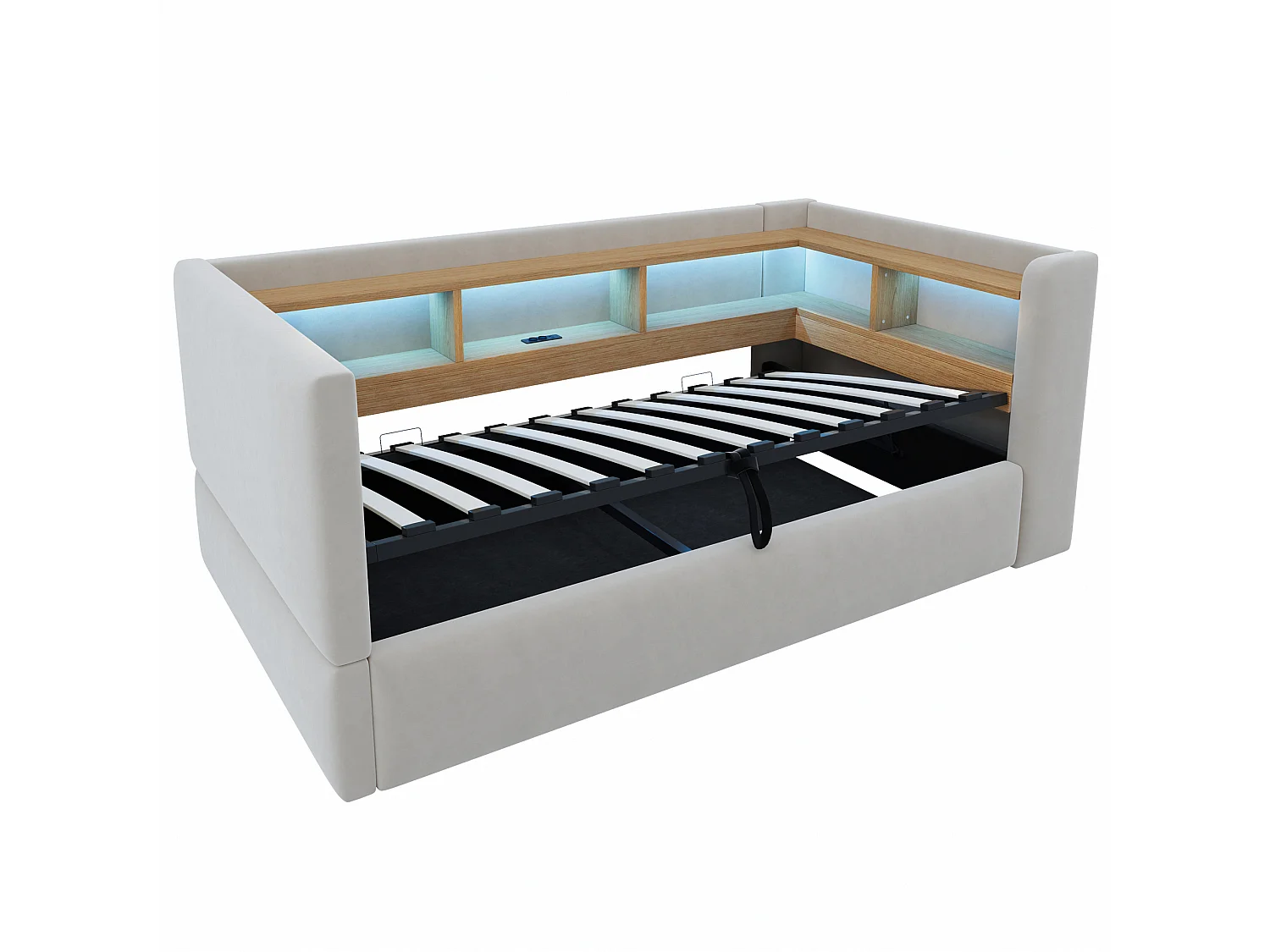 Lit coffre enfant 90x190 cm avec LED, prise et rangements - Lit banquette en tissu gris clair