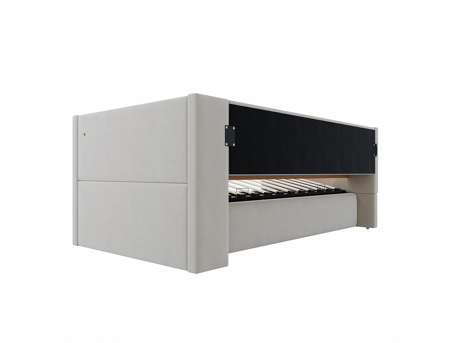 Lit coffre enfant 90x190 cm avec LED, prise et rangements - Lit banquette en tissu gris clair