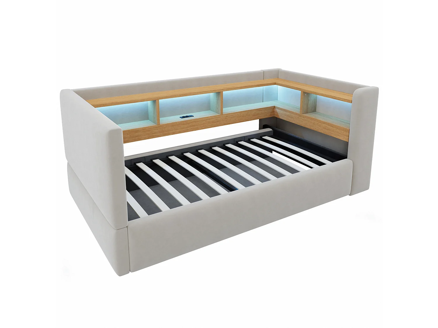 Lit coffre enfant 90x190 cm avec LED, prise et rangements - Lit banquette en tissu gris clair