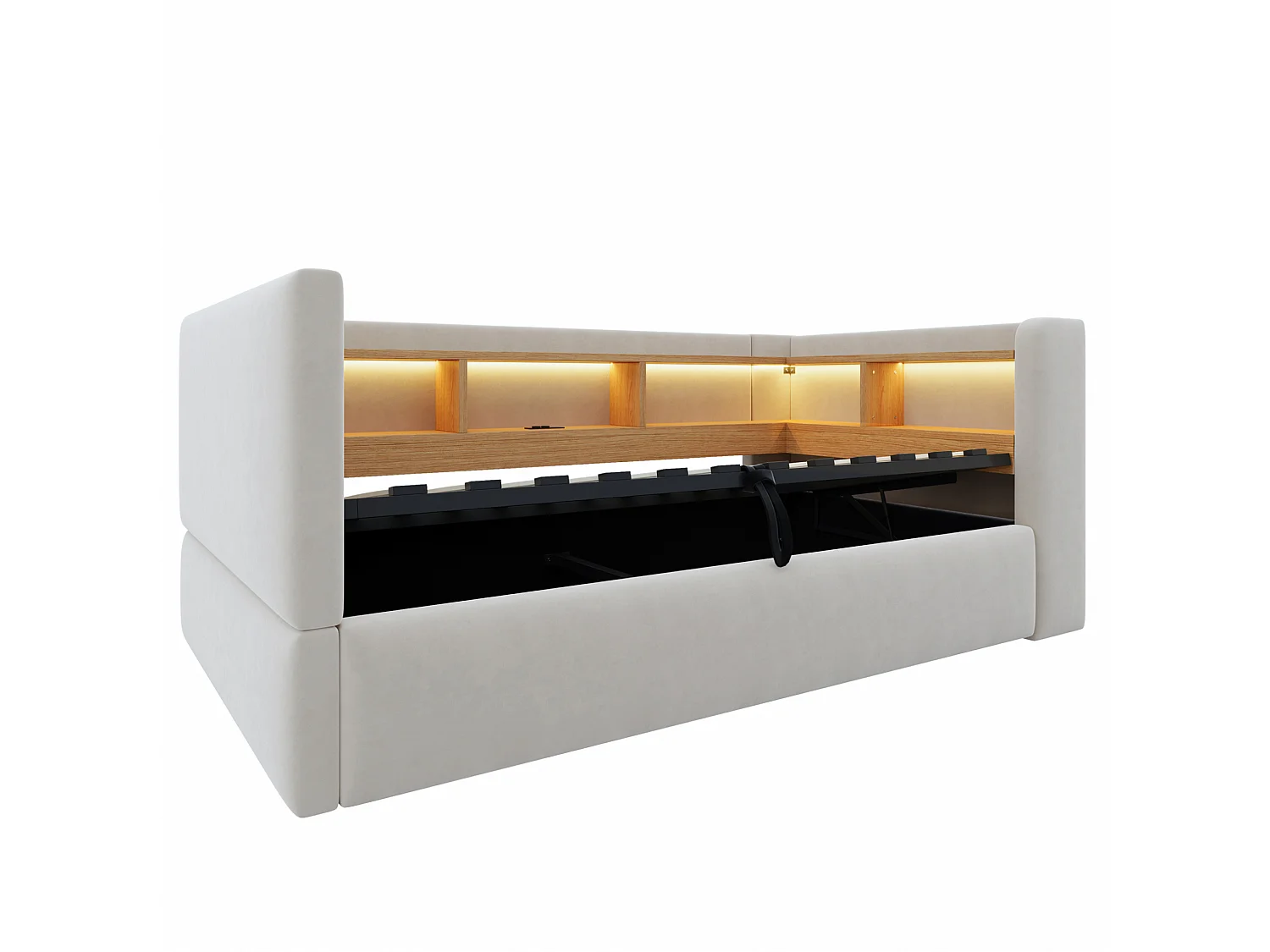 Lit coffre enfant 90x190 cm avec LED, prise et rangements - Lit banquette en tissu gris clair
