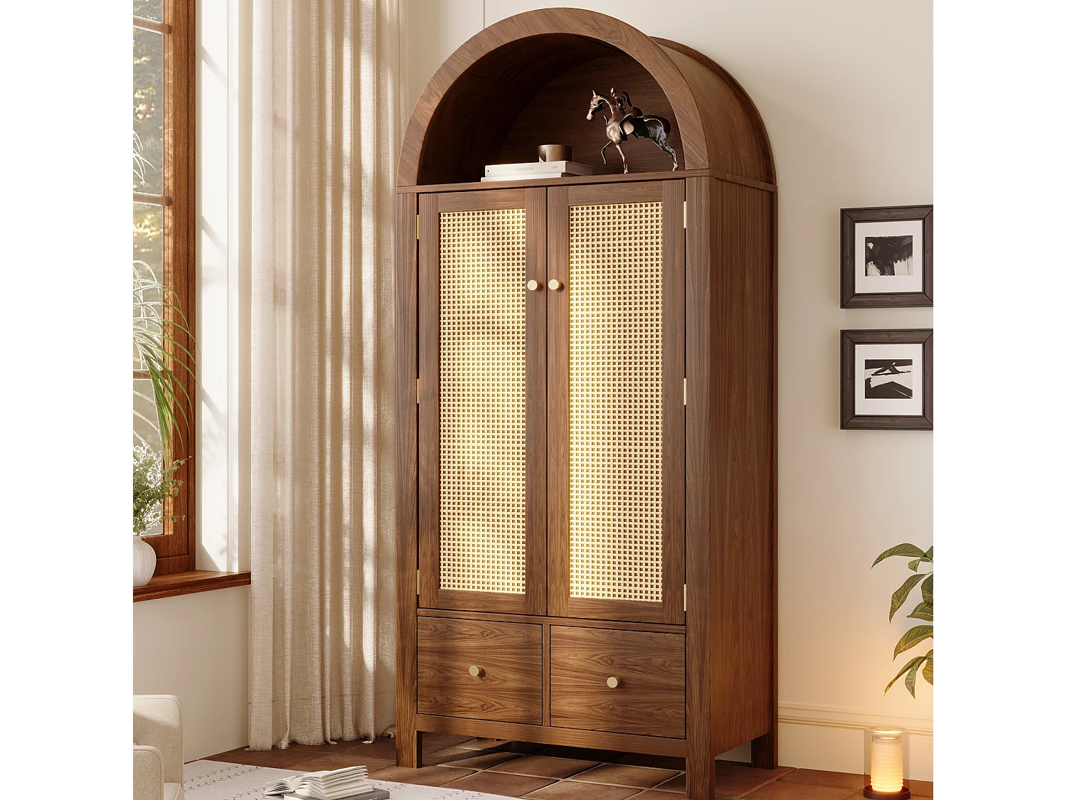 Armoire en noyer 181 cm, avec portes en rotin, 2 tiroirs, penderie, design scandinave