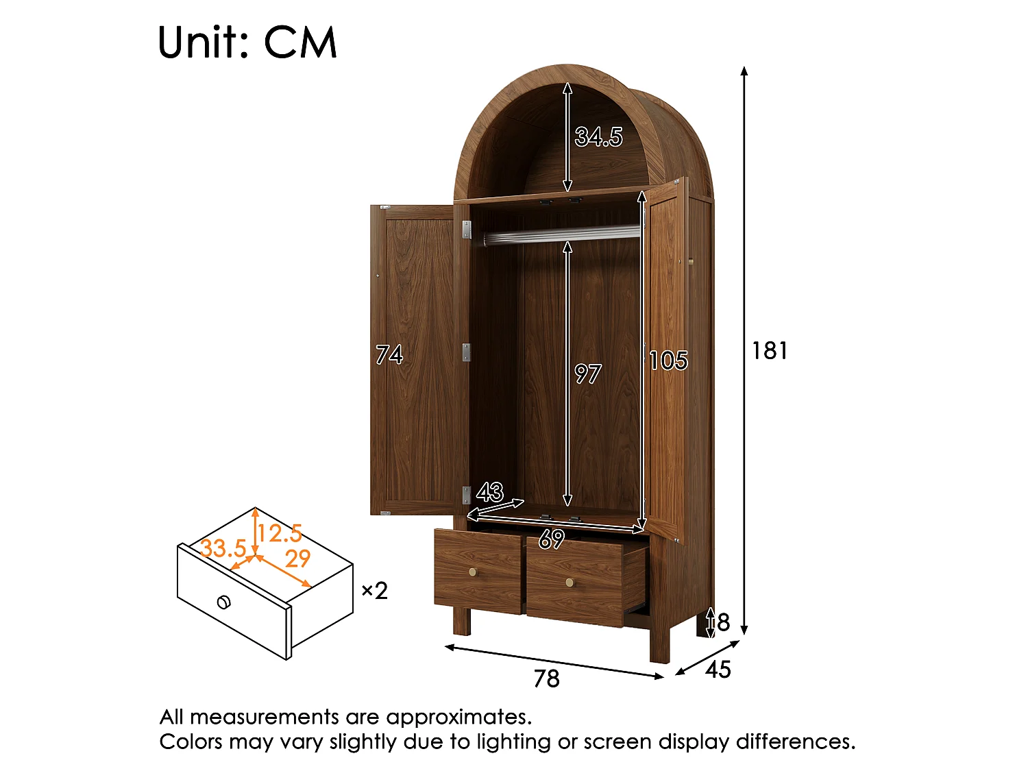 Armoire en noyer 181 cm, avec portes en rotin, 2 tiroirs, penderie, design scandinave