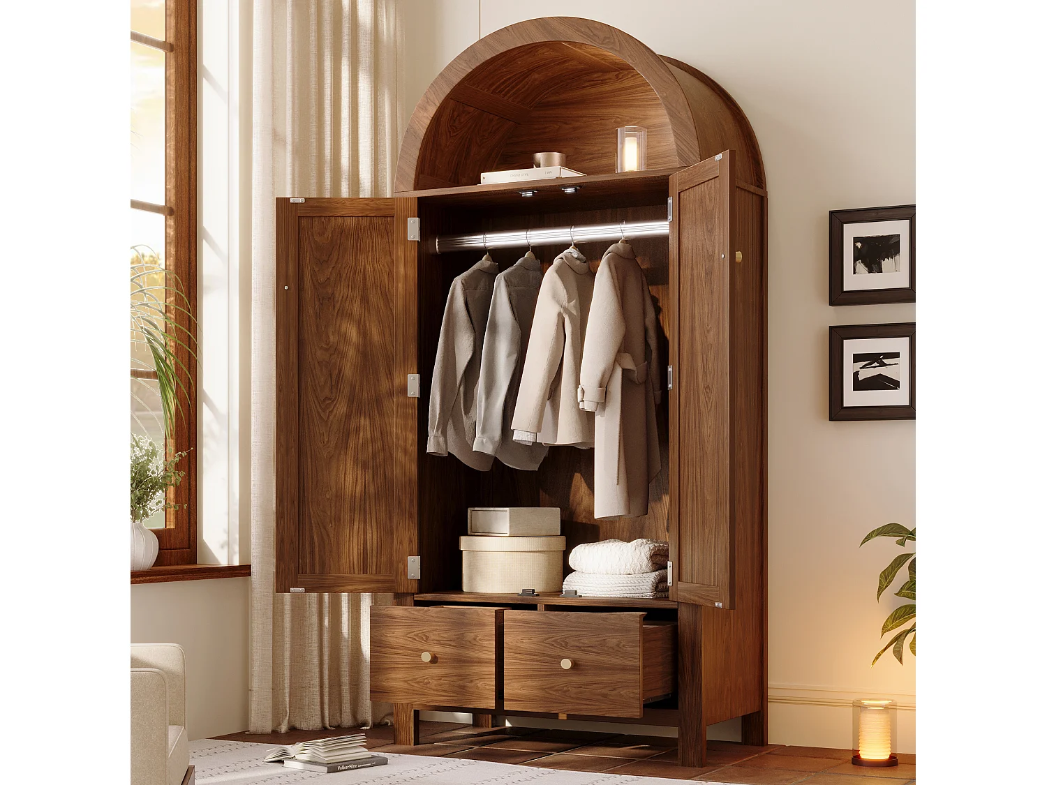 Armoire en noyer 181 cm, avec portes en rotin, 2 tiroirs, penderie, design scandinave