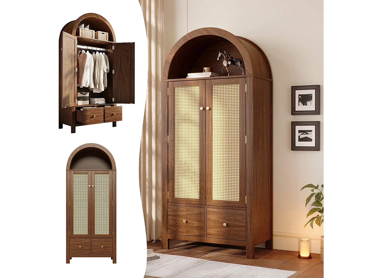 Armoire en noyer 181 cm, avec portes en rotin, 2 tiroirs, penderie, design scandinave