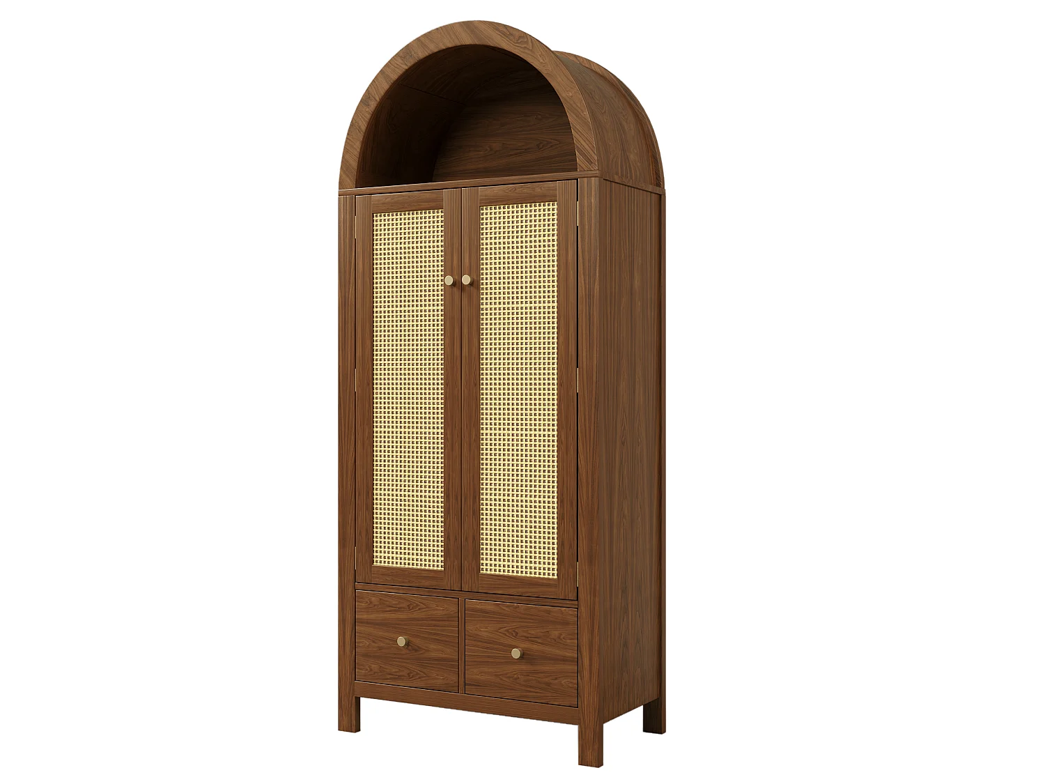 Armoire en noyer 181 cm, avec portes en rotin, 2 tiroirs, penderie, design scandinave