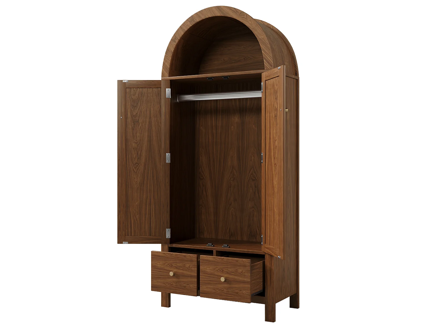 Armoire en noyer 181 cm, avec portes en rotin, 2 tiroirs, penderie, design scandinave