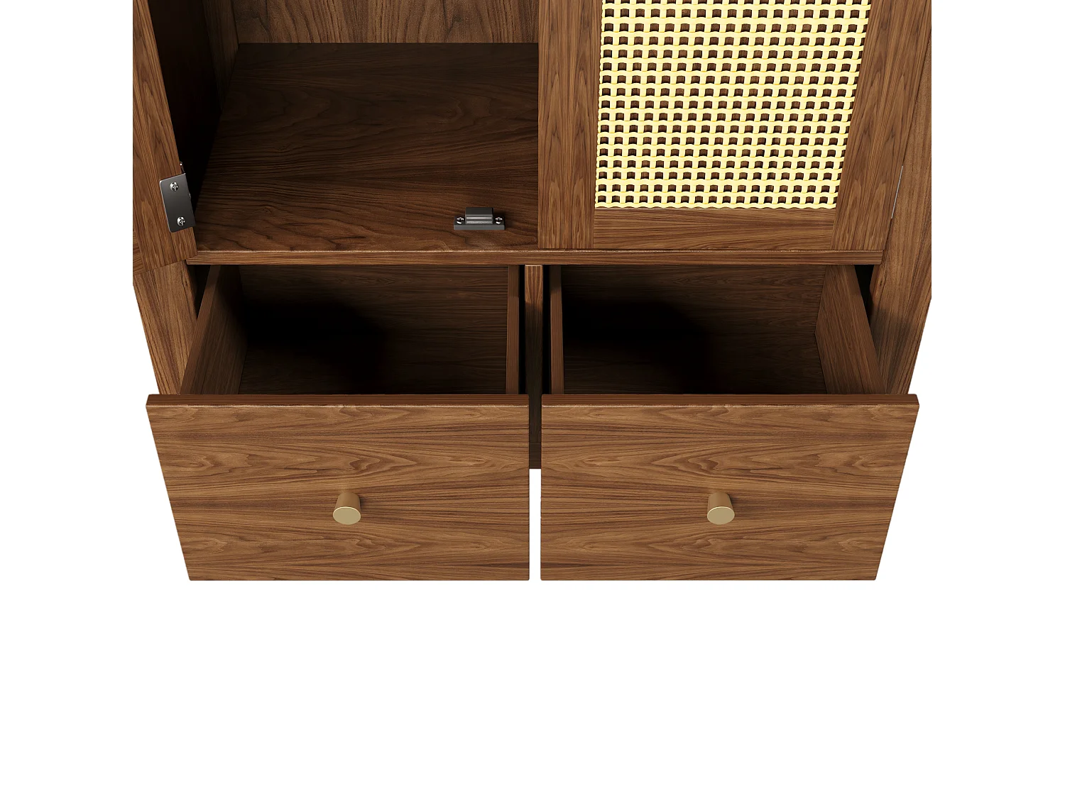 Armoire en noyer 181 cm, avec portes en rotin, 2 tiroirs, penderie, design scandinave