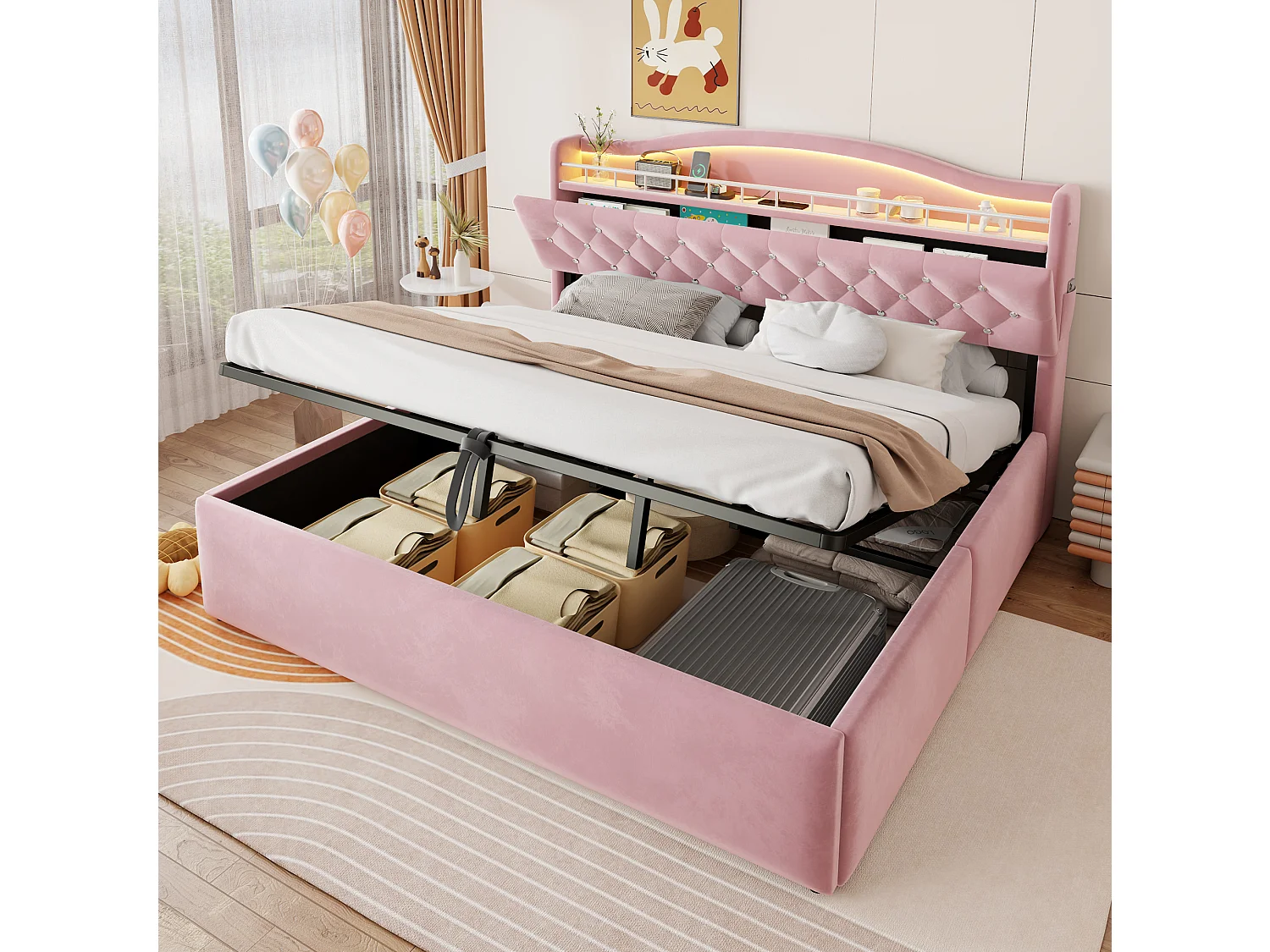 Lit coffre adulte 180x200 cm avec LED et ports USB/USB-C - Lit double en velours rose