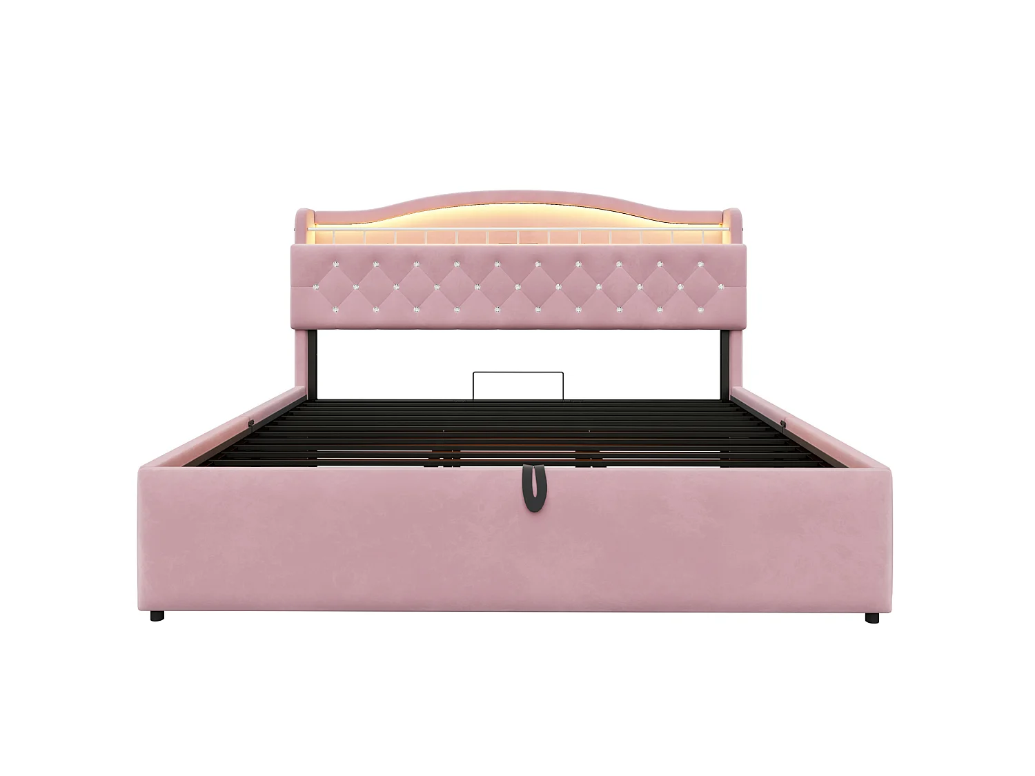 Lit coffre adulte 180x200 cm avec LED et ports USB/USB-C - Lit double en velours rose