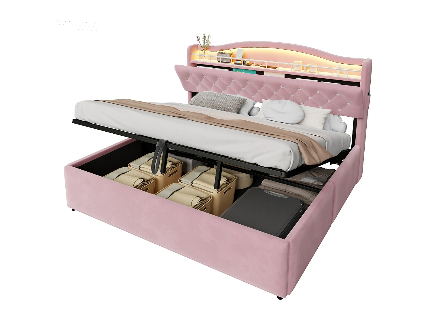 Lit coffre adulte 180x200 cm avec LED et ports USB/USB-C - Lit double en velours rose