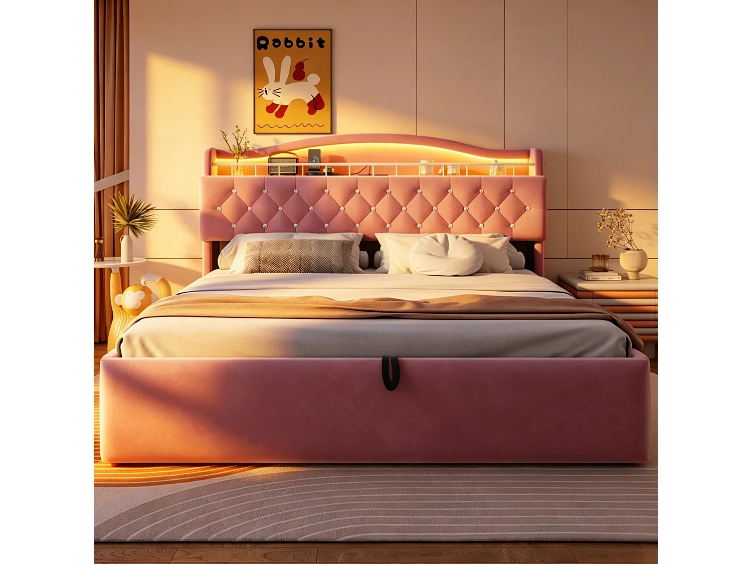 Lit coffre adulte 180x200 cm avec LED et ports USB/USB-C - Lit double en velours rose