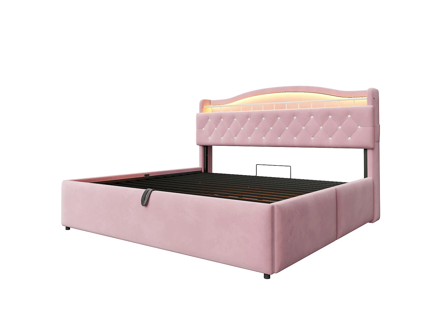 Lit coffre adulte 180x200 cm avec LED et ports USB/USB-C - Lit double en velours rose