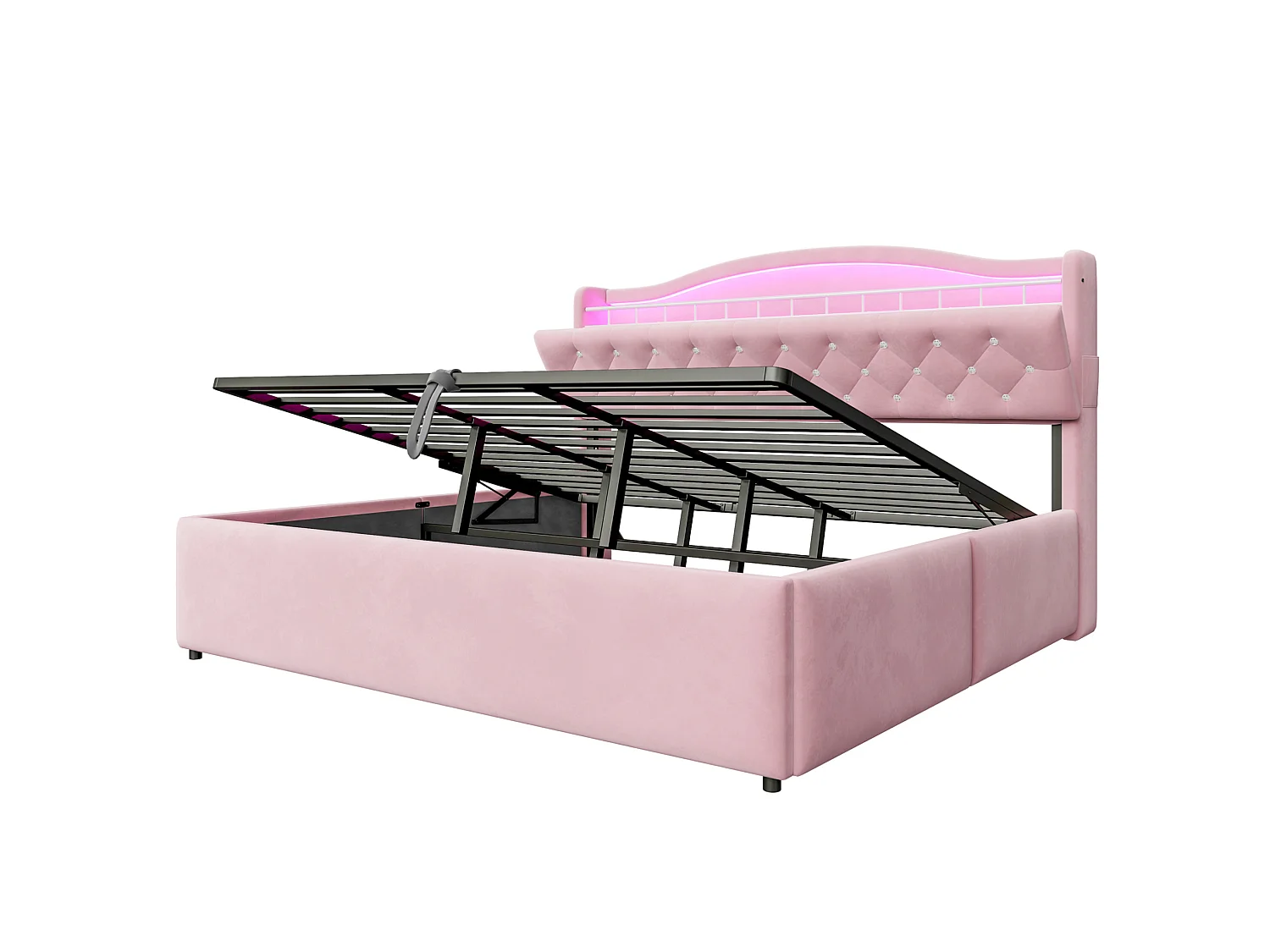 Lit coffre adulte 180x200 cm avec LED et ports USB/USB-C - Lit double en velours rose