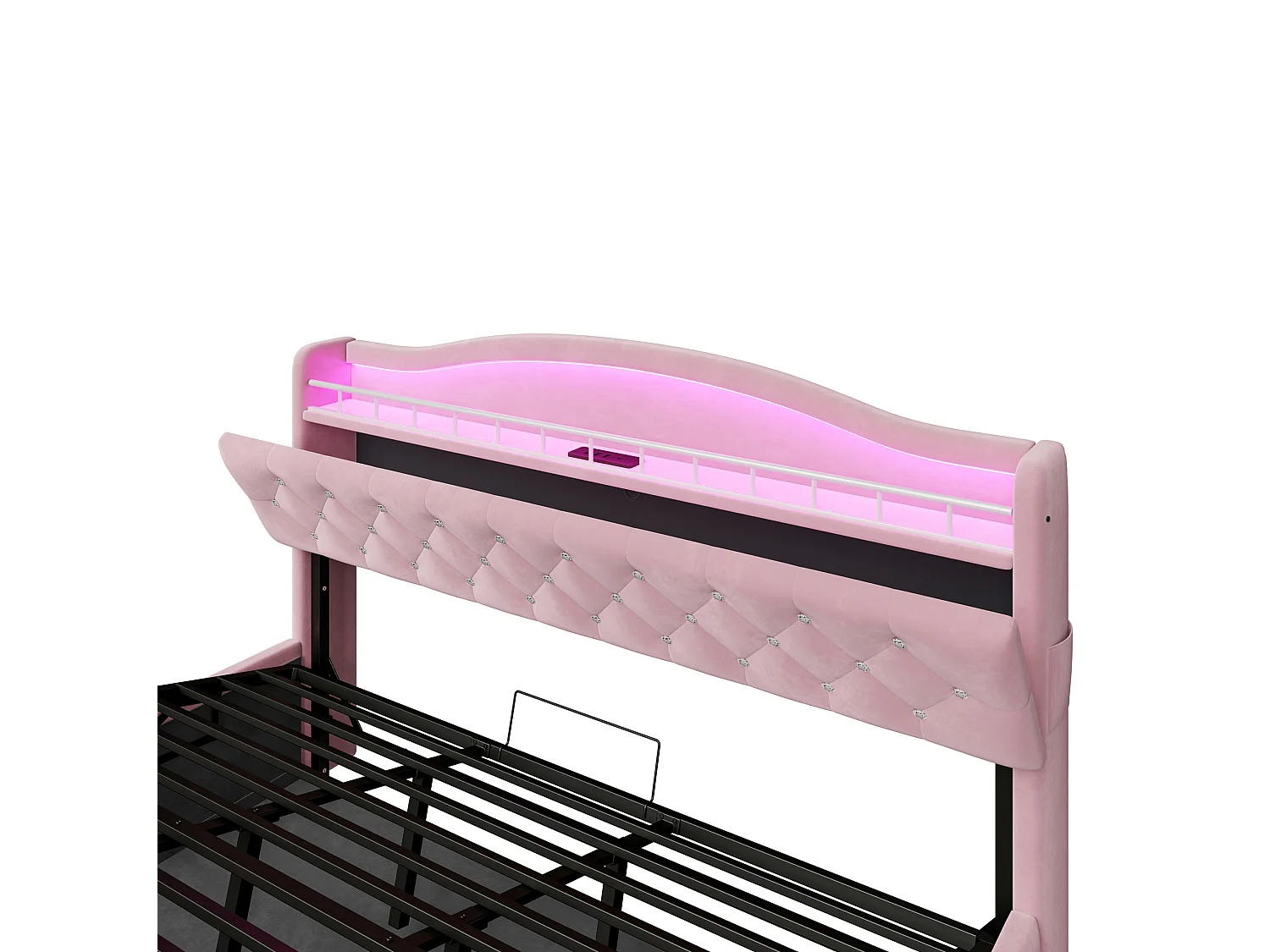 Lit coffre adulte 180x200 cm avec LED et ports USB/USB-C - Lit double en velours rose