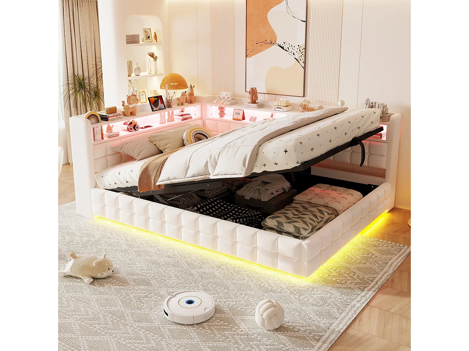 Letto contenitore per adulti 140x200 cm con illuminazione a LED e presa di corrente - Velluto beige e legno