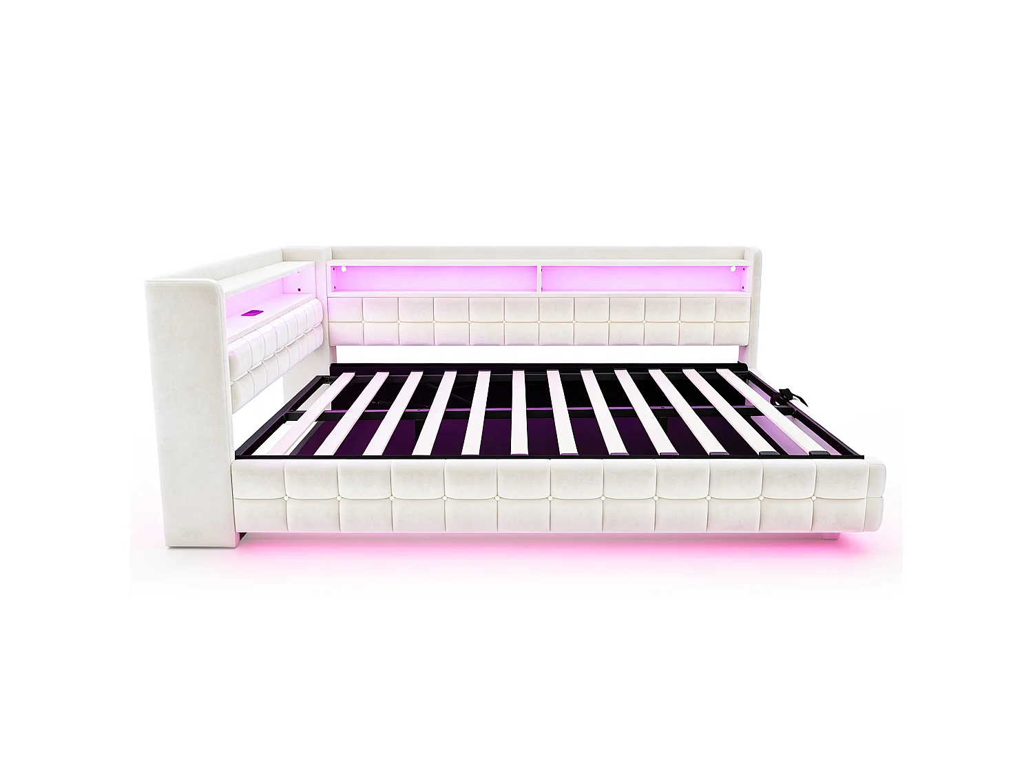 Letto contenitore per adulti 140x200 cm con illuminazione a LED e presa di corrente - Velluto beige e legno