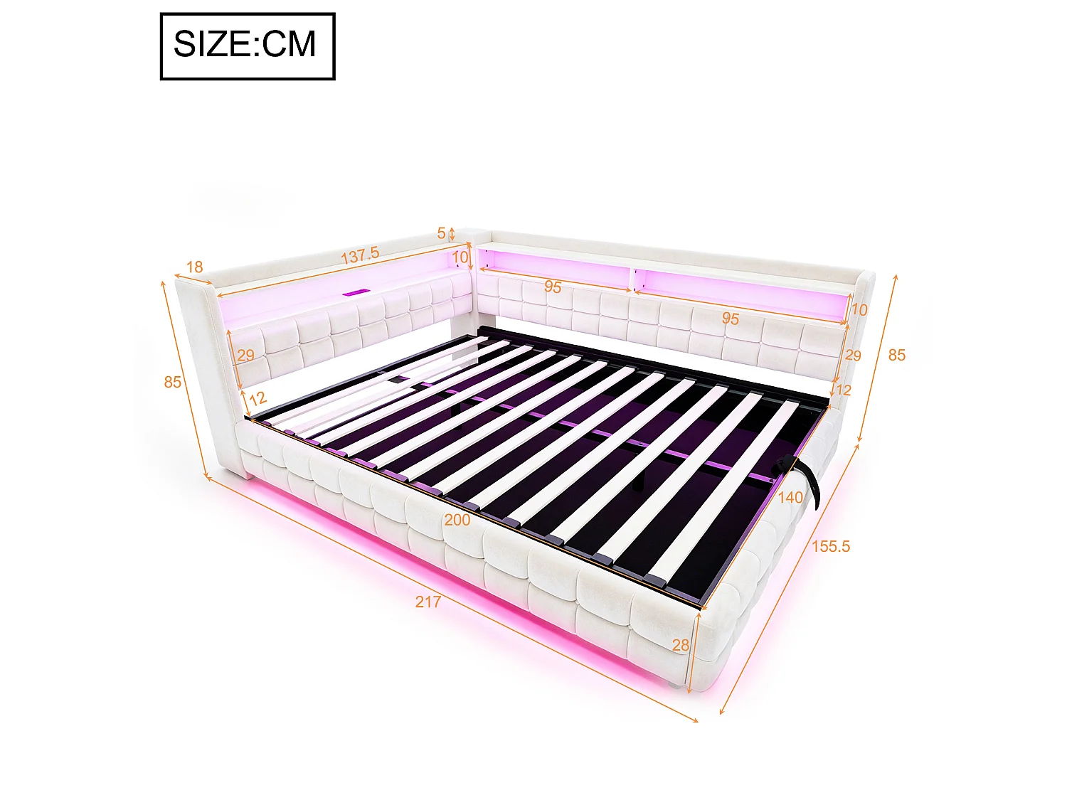 Letto contenitore per adulti 140x200 cm con illuminazione a LED e presa di corrente - Velluto beige e legno