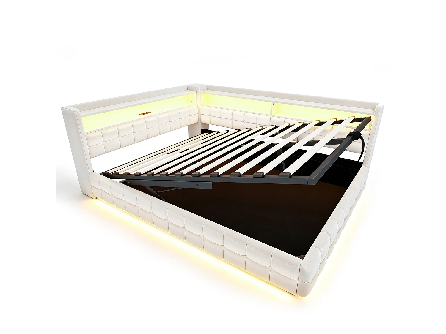 Letto contenitore per adulti 140x200 cm con illuminazione a LED e presa di corrente - Velluto beige e legno