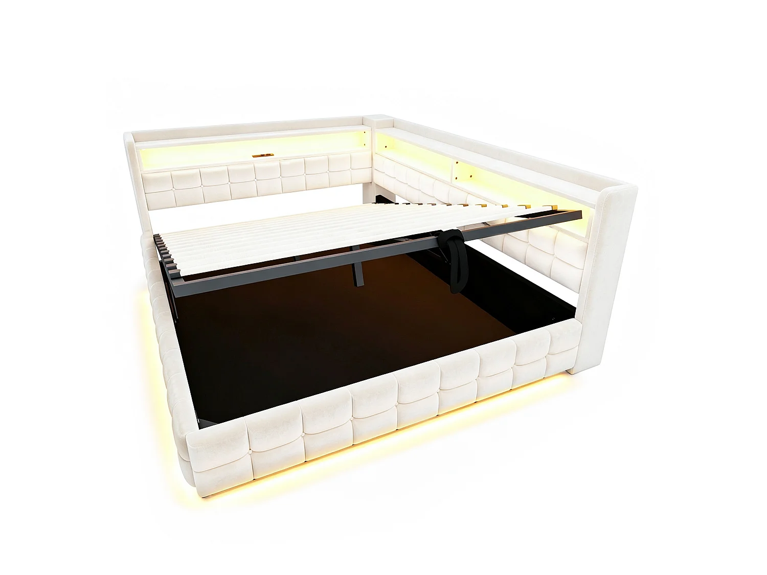Letto contenitore per adulti 140x200 cm con illuminazione a LED e presa di corrente - Velluto beige e legno