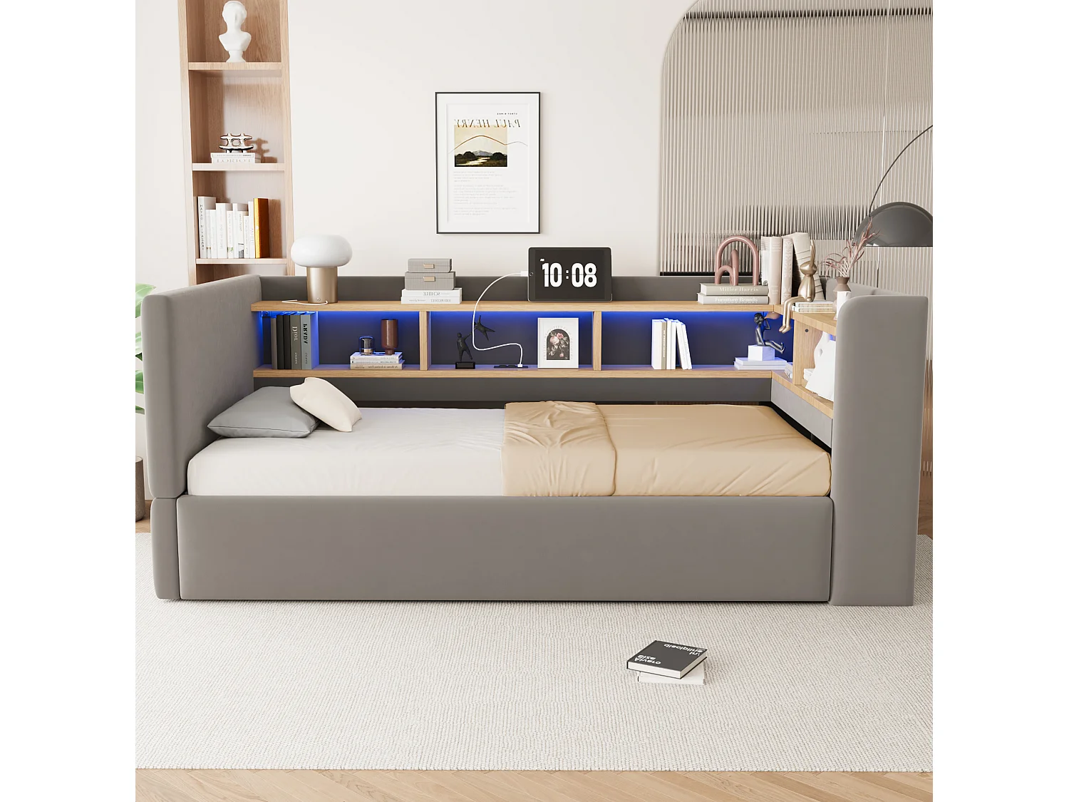 Lit coffre enfant 90x190 cm avec LED, prise et rangements - Lit banquette en tissu gris foncé