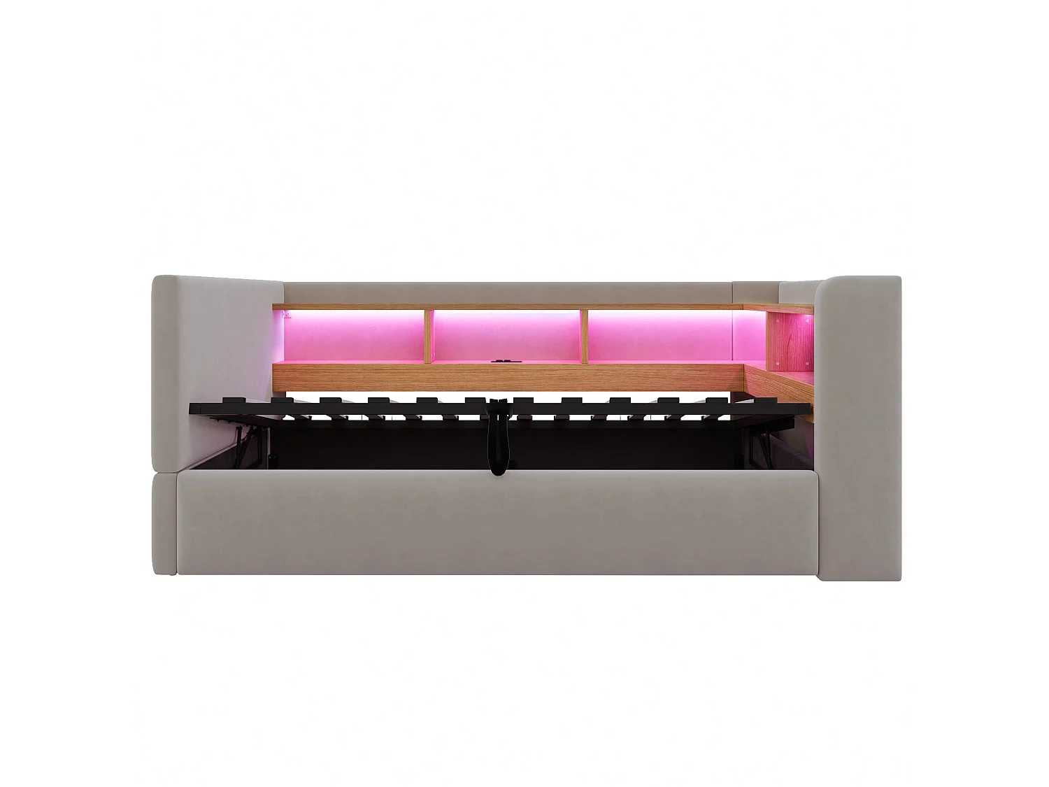 Lit coffre enfant 90x190 cm avec LED, prise et rangements - Lit banquette en tissu gris foncé
