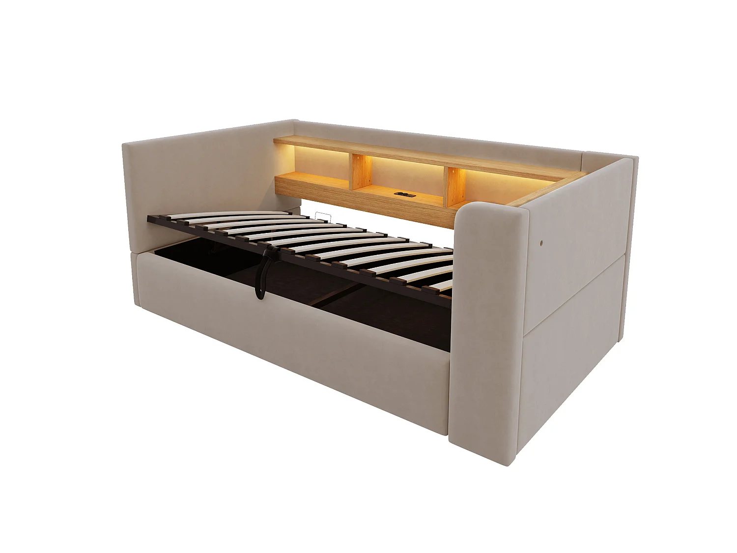 Lit coffre enfant 90x190 cm avec LED, prise et rangements - Lit banquette en tissu gris foncé