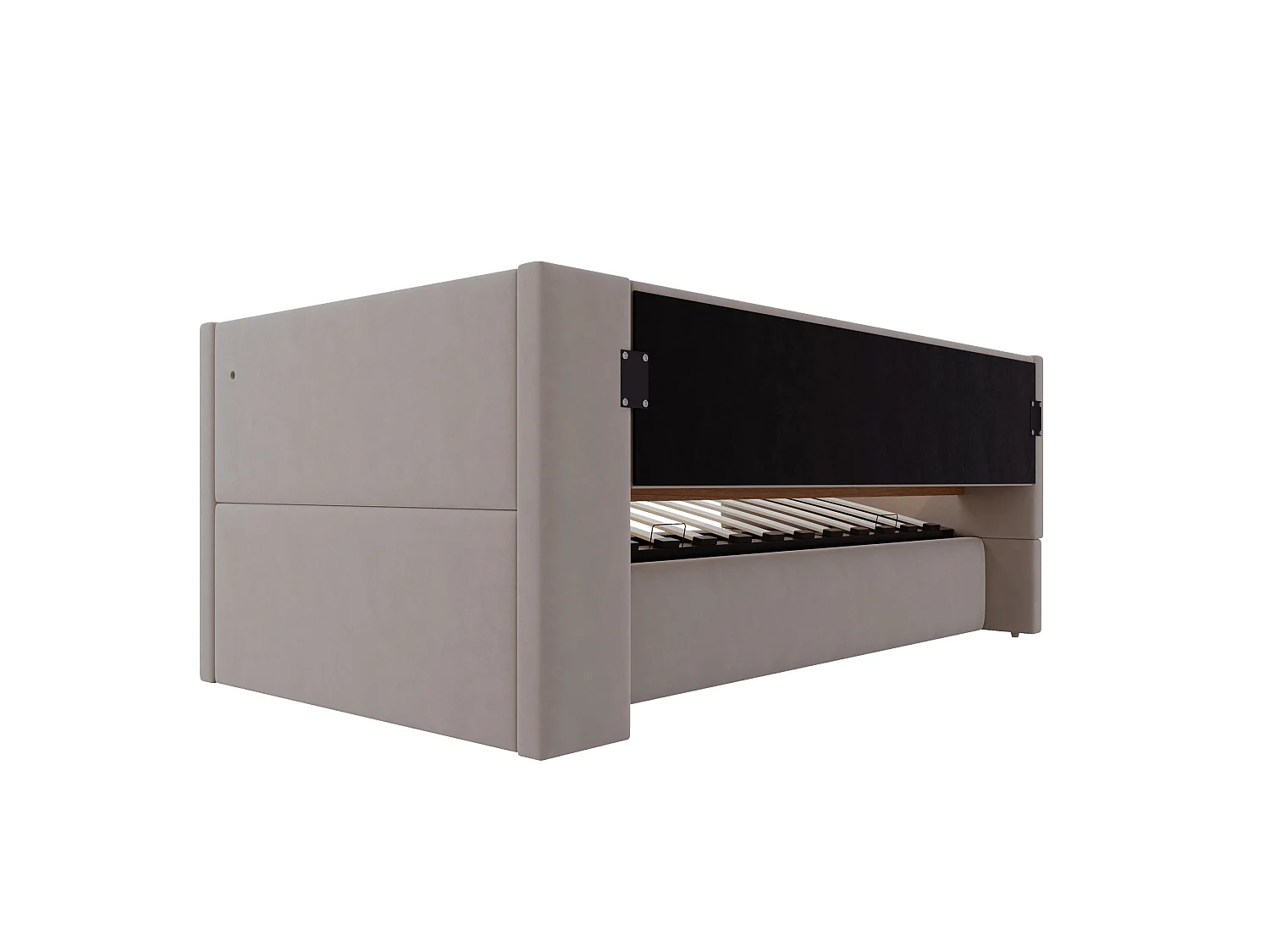 Lit coffre enfant 90x190 cm avec LED, prise et rangements - Lit banquette en tissu gris foncé