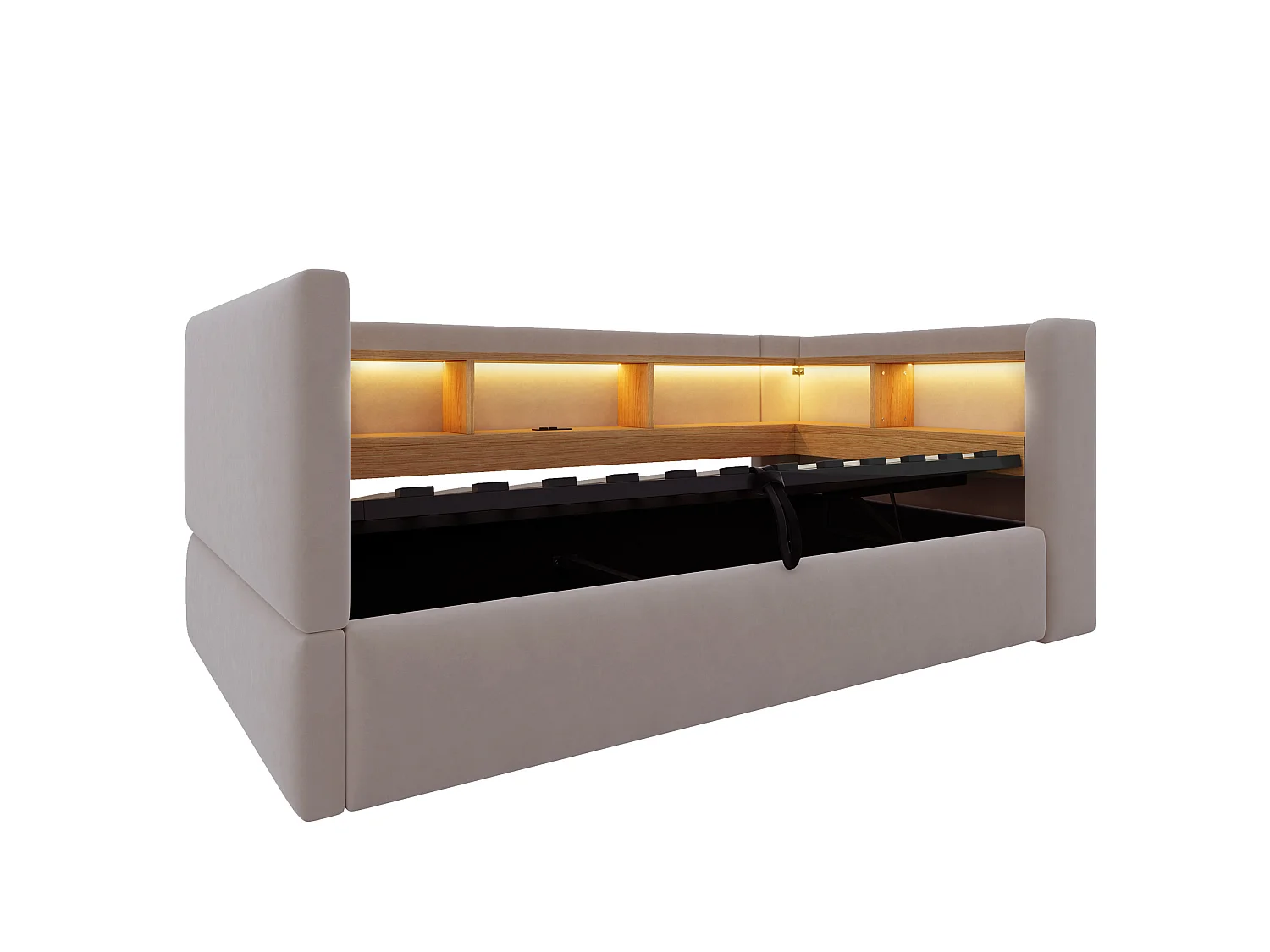 Lit coffre enfant 90x190 cm avec LED, prise et rangements - Lit banquette en tissu gris foncé