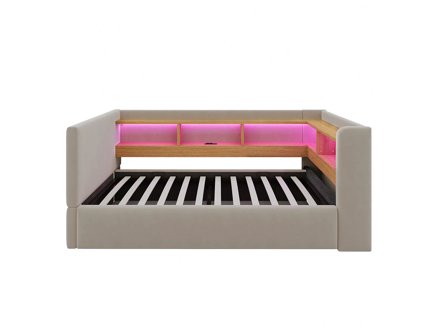 Lit coffre enfant 90x190 cm avec LED, prise et rangements - Lit banquette en tissu gris foncé