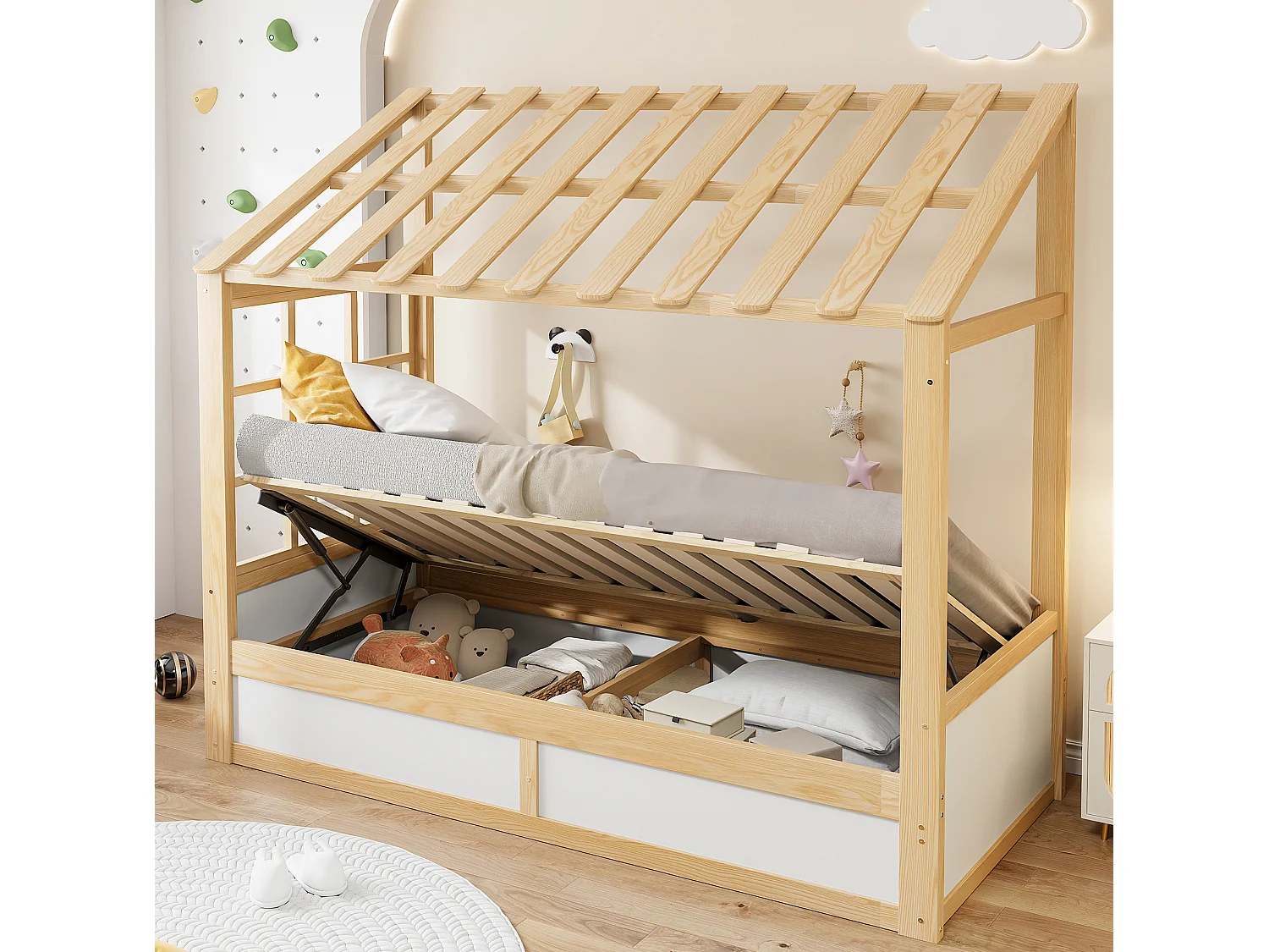Lit coffre enfant 90x200 cm blanc et naturel - Lit cabane en bois