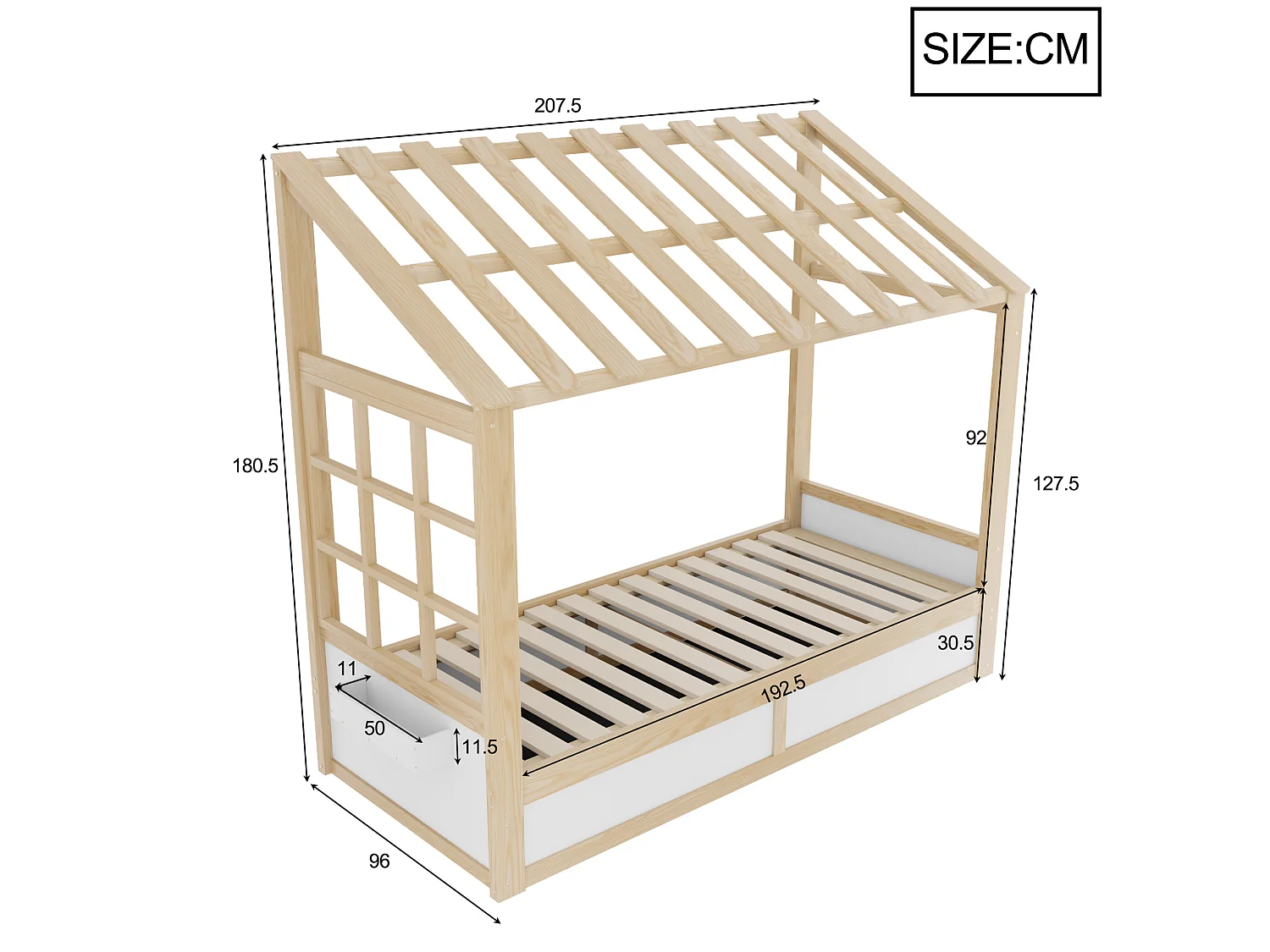 Lit coffre enfant 90x200 cm blanc et naturel - Lit cabane en bois