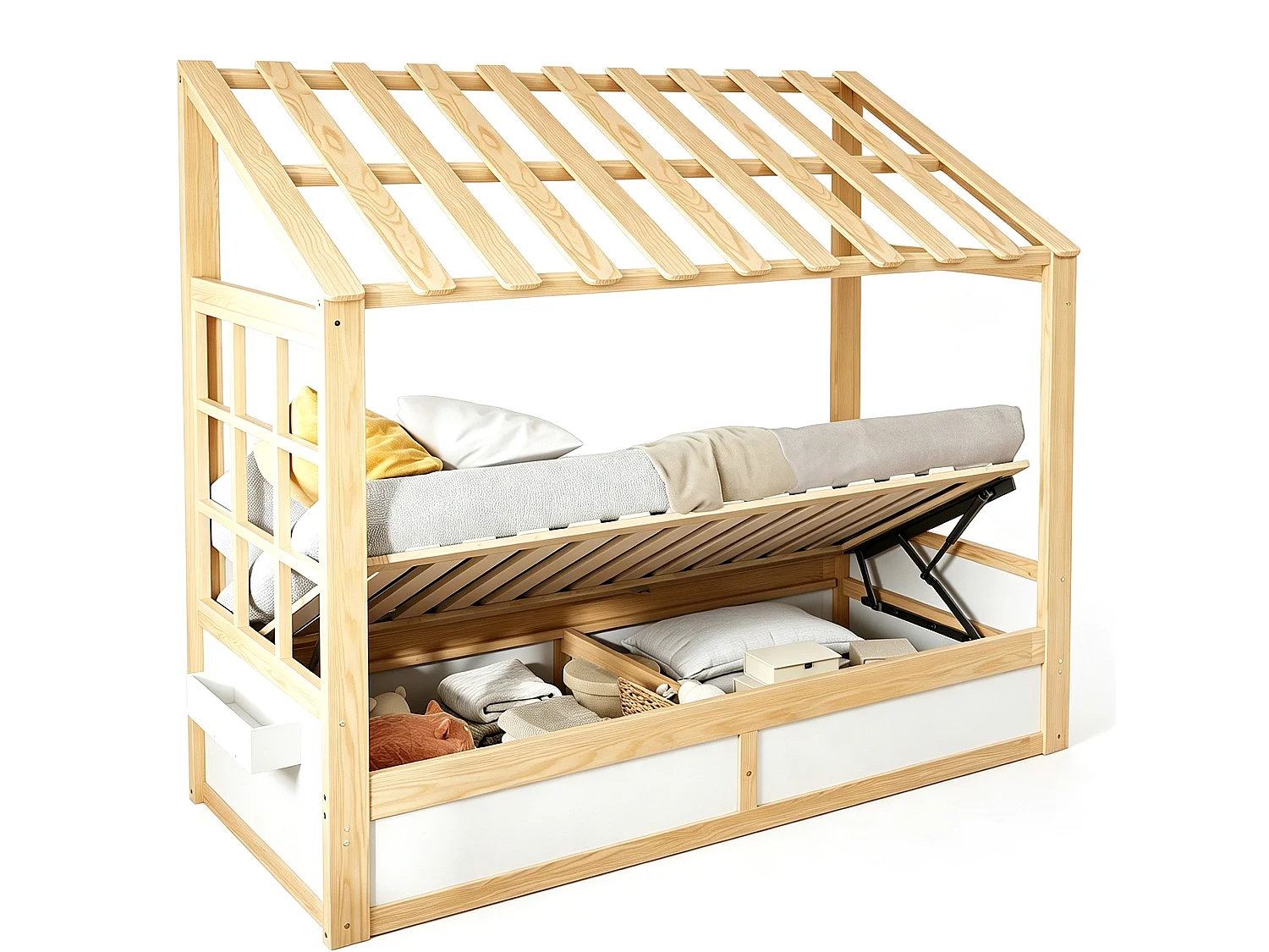 Lit coffre enfant 90x200 cm blanc et naturel - Lit cabane en bois