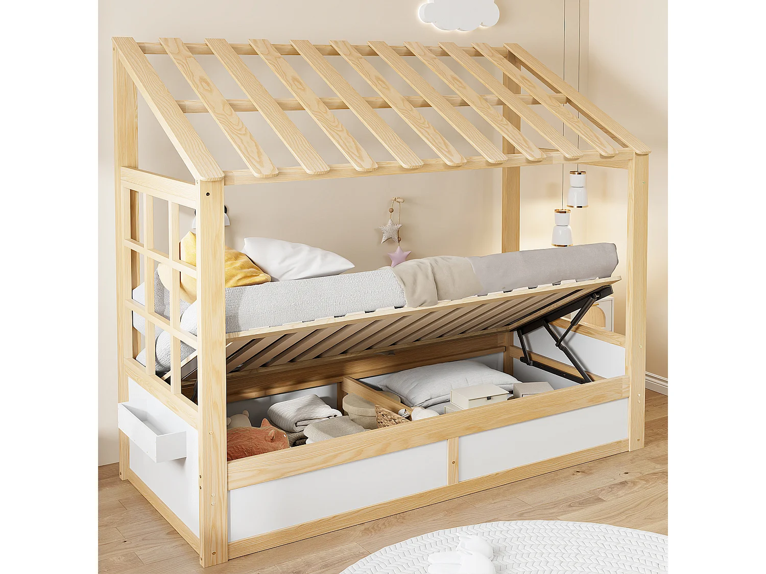 Lit coffre enfant 90x200 cm blanc et naturel - Lit cabane en bois