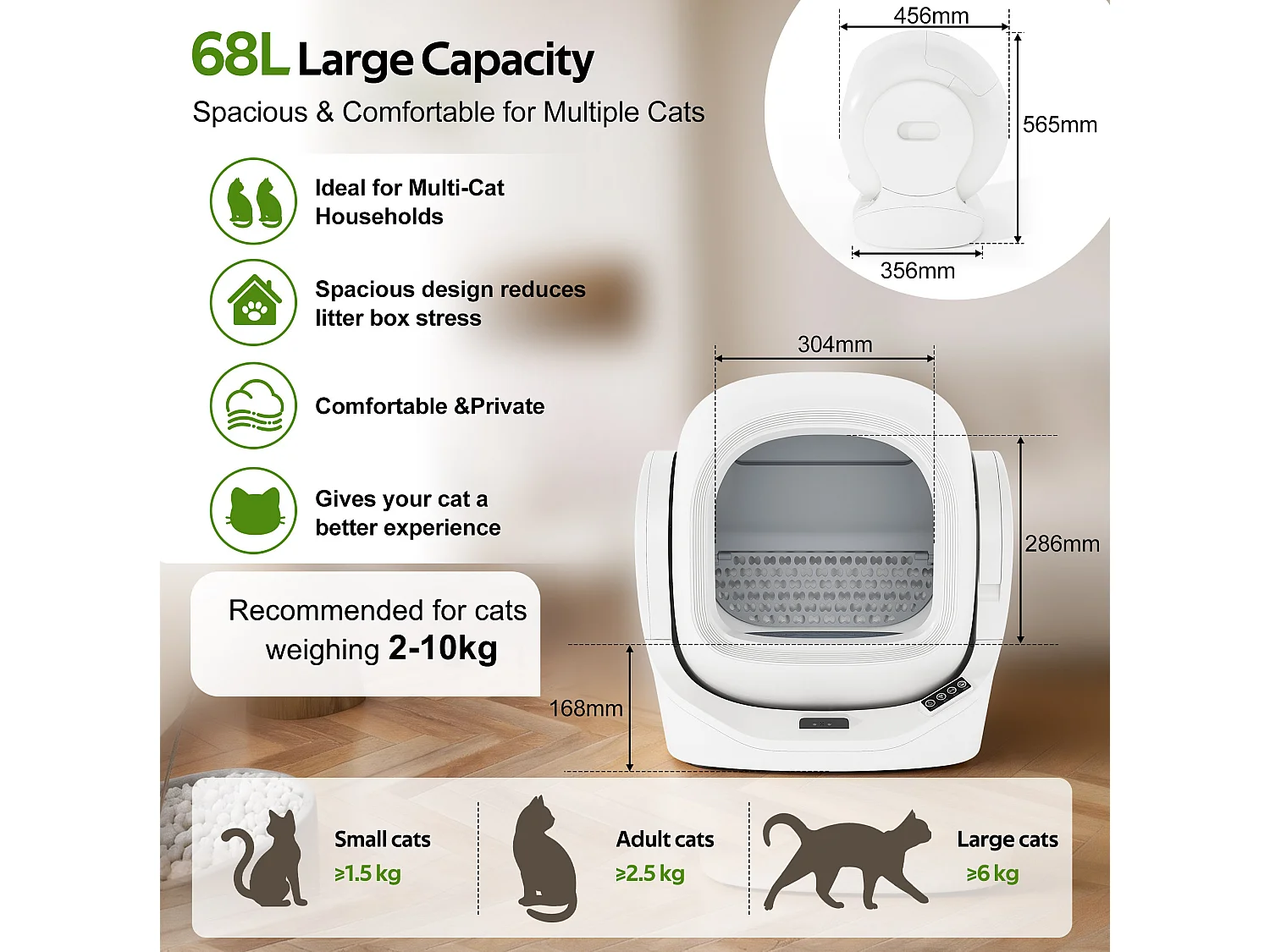 Arenero automático inteligente para gatos, 68 L - Blanco