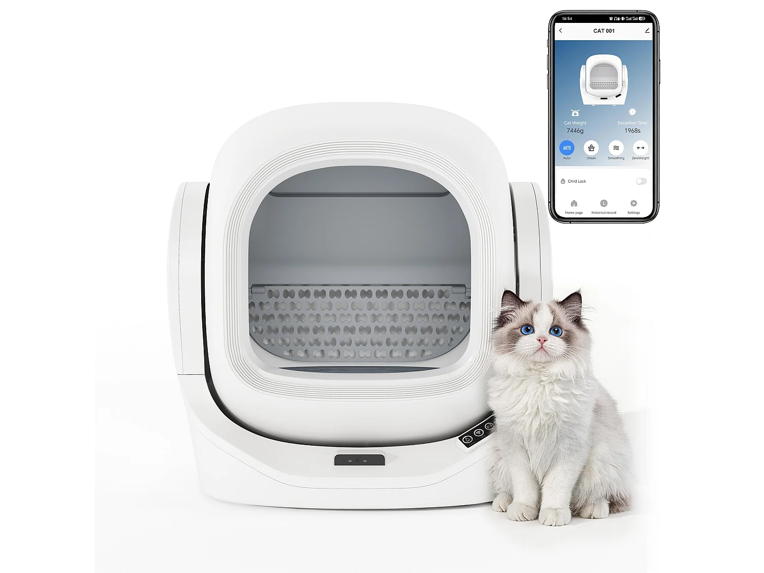 Arenero automático inteligente para gatos, 68 L - Blanco