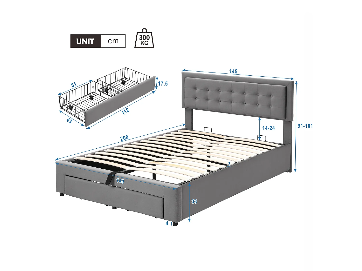 Lit coffre 140x200 velours gris, tête capitonnée, 2 tiroirs, sommier lattes, lit double