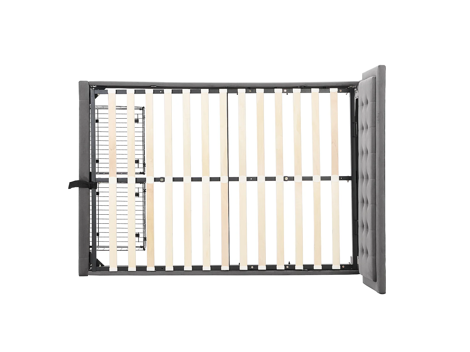 Lit coffre 140x200 velours gris, tête capitonnée, 2 tiroirs, sommier lattes, lit double