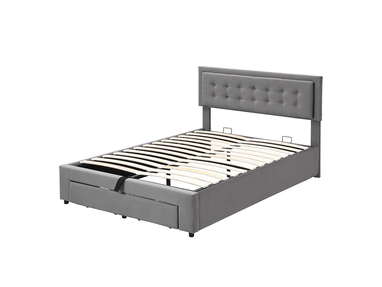 Lit coffre 140x200 velours gris, tête capitonnée, 2 tiroirs, sommier lattes, lit double