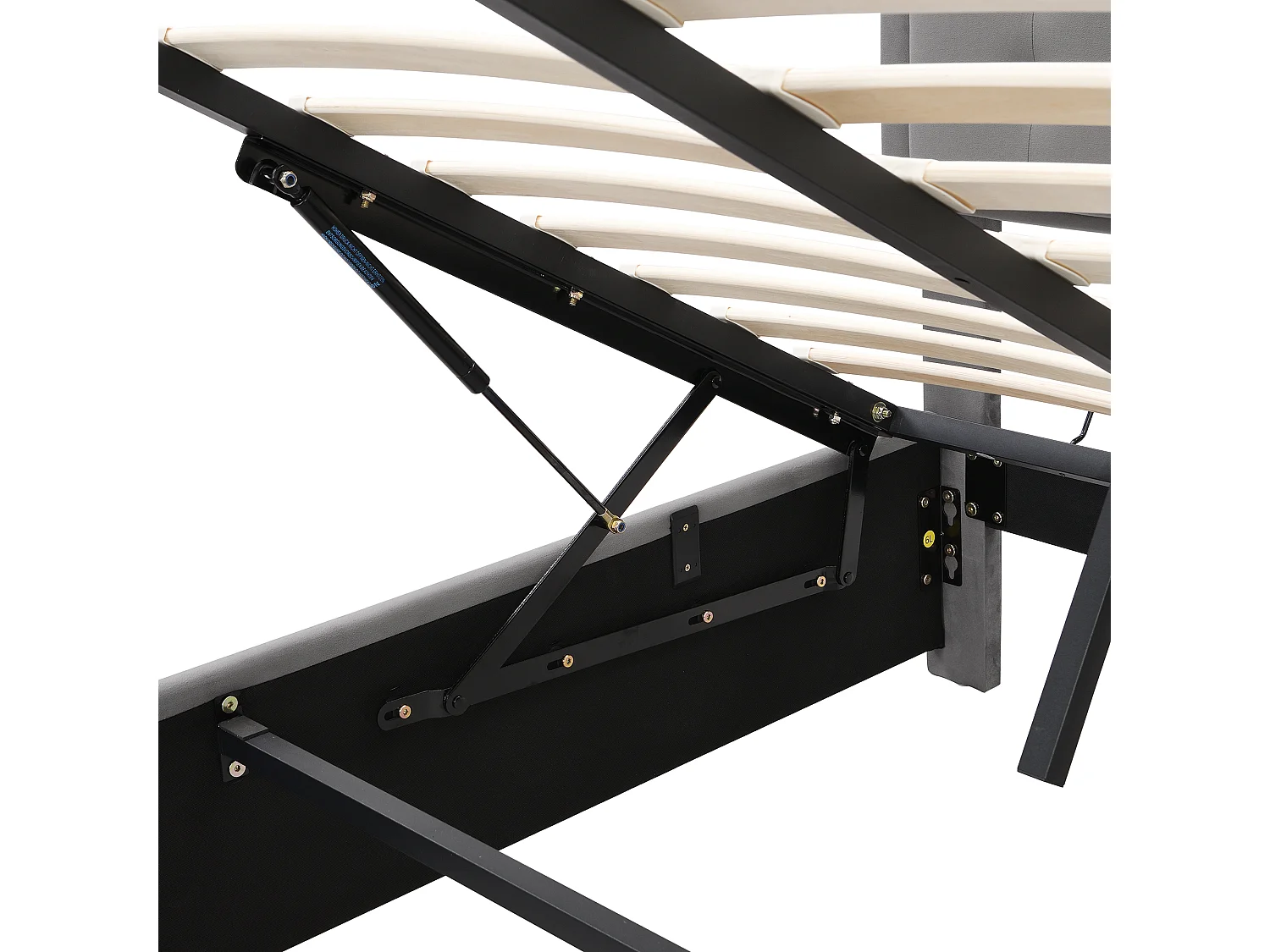 Lit coffre 140x200 velours gris, tête capitonnée, 2 tiroirs, sommier lattes, lit double