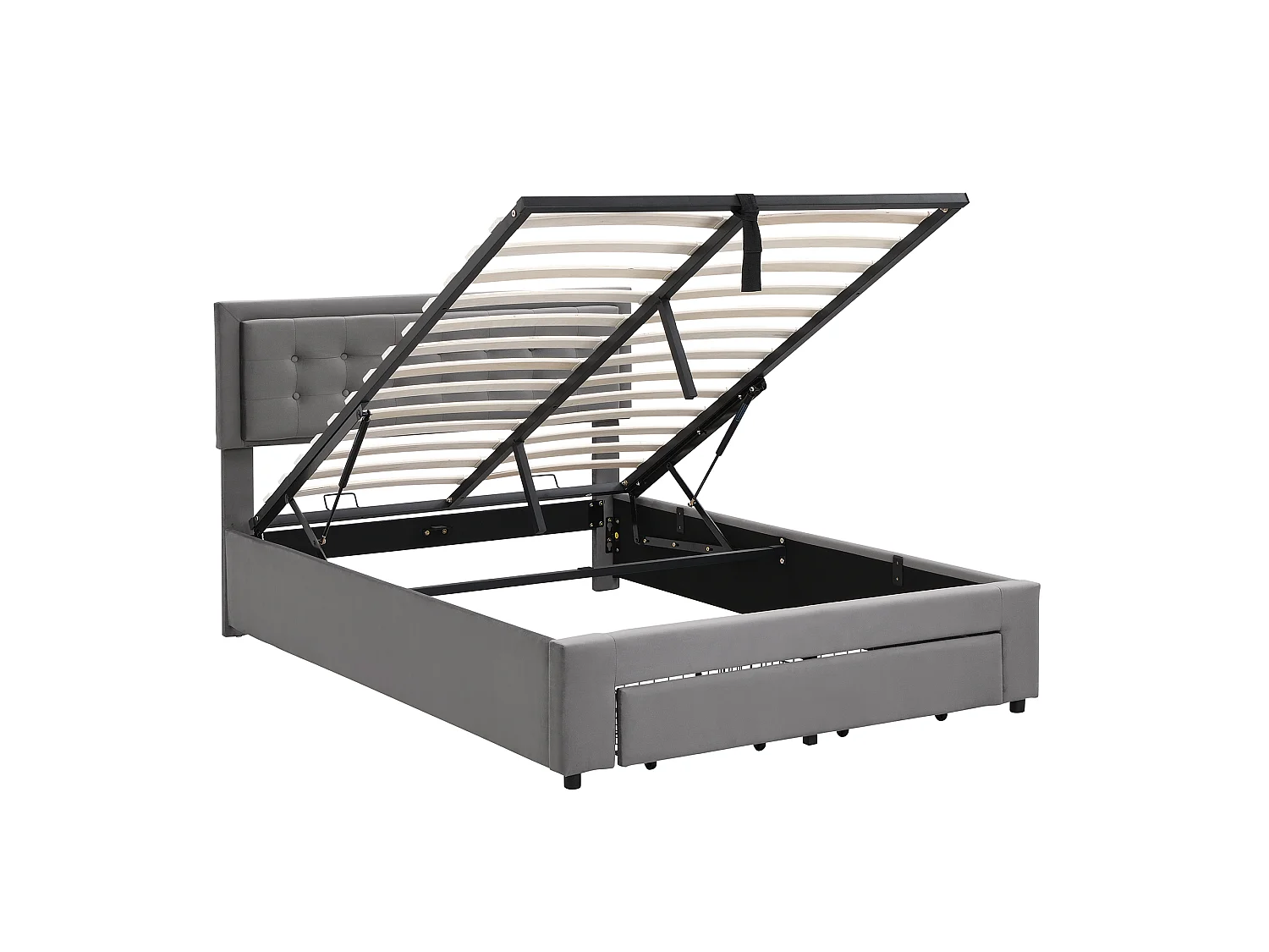 Lit coffre 140x200 velours gris, tête capitonnée, 2 tiroirs, sommier lattes, lit double