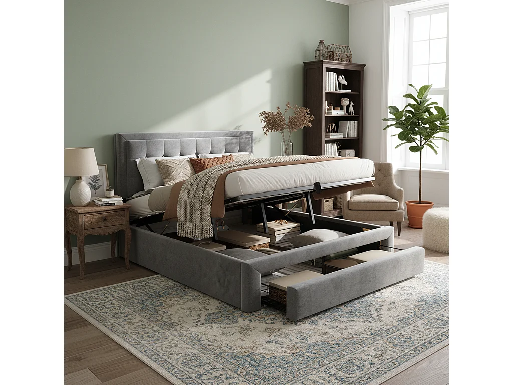 Lit coffre 140x200 velours gris, tête capitonnée, 2 tiroirs, sommier lattes, lit double