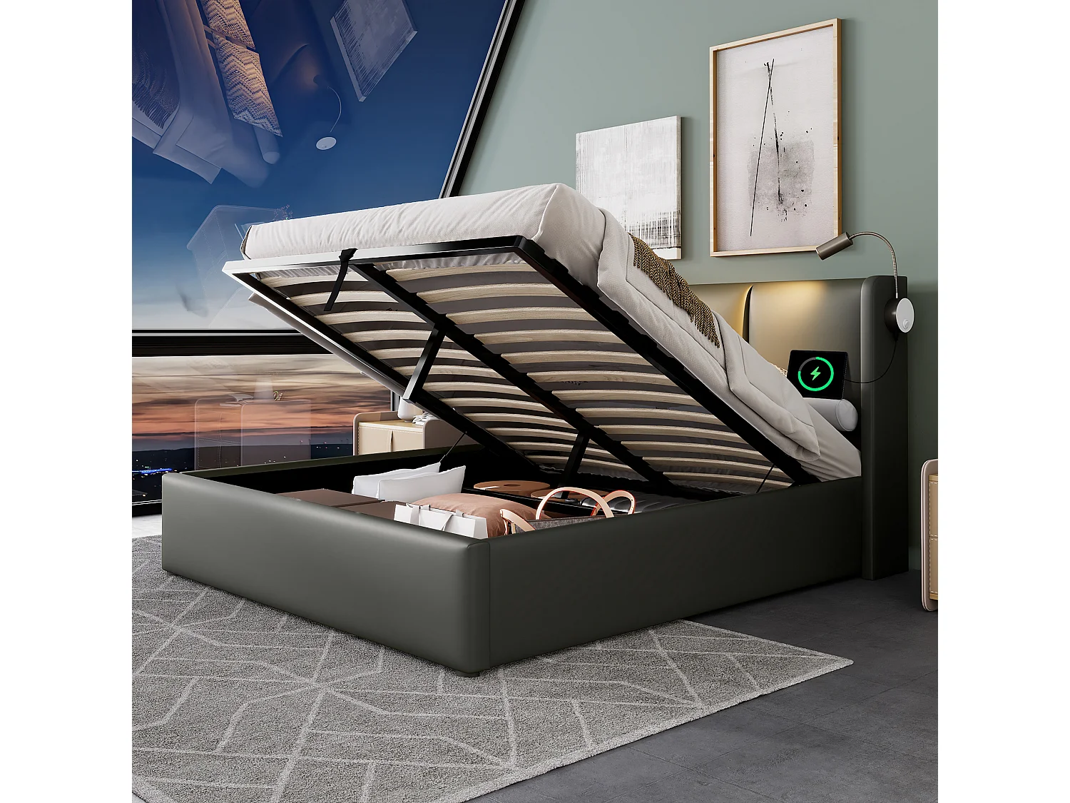 Tweepersoonsbed met opbergruimte (180x200 cm) van PU-leer, met ledverlichting en USB-poorten – Grijs