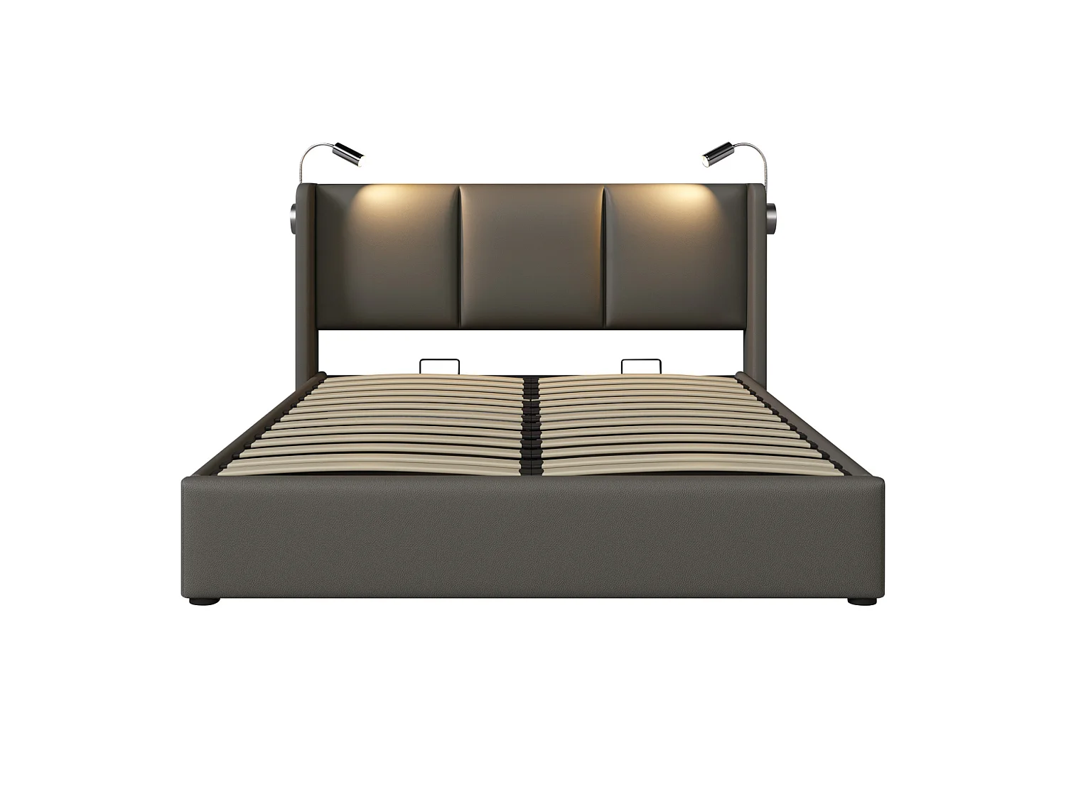 Tweepersoonsbed met opbergruimte (180x200 cm) van PU-leer, met ledverlichting en USB-poorten – Grijs