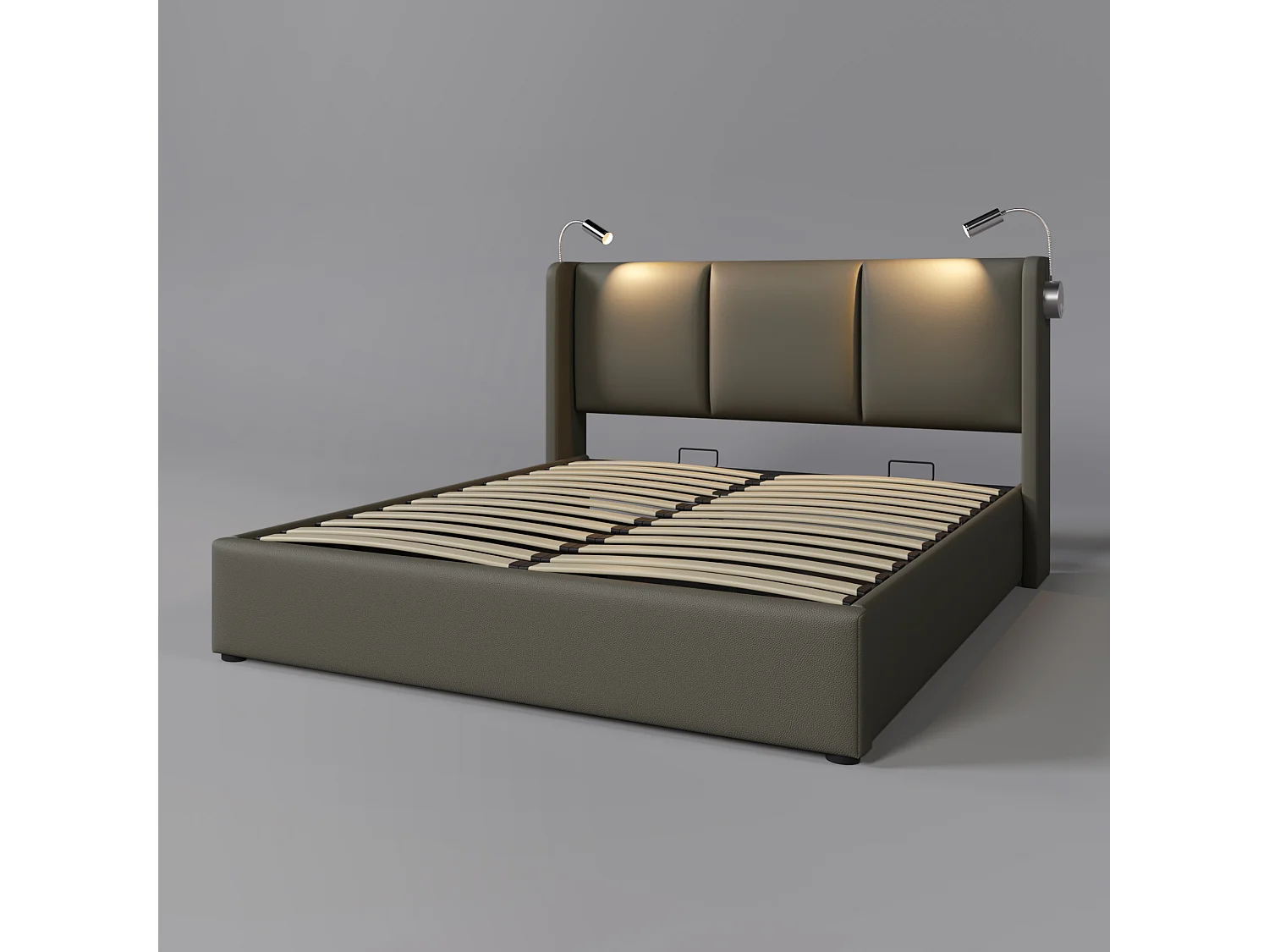 Tweepersoonsbed met opbergruimte (180x200 cm) van PU-leer, met ledverlichting en USB-poorten – Grijs