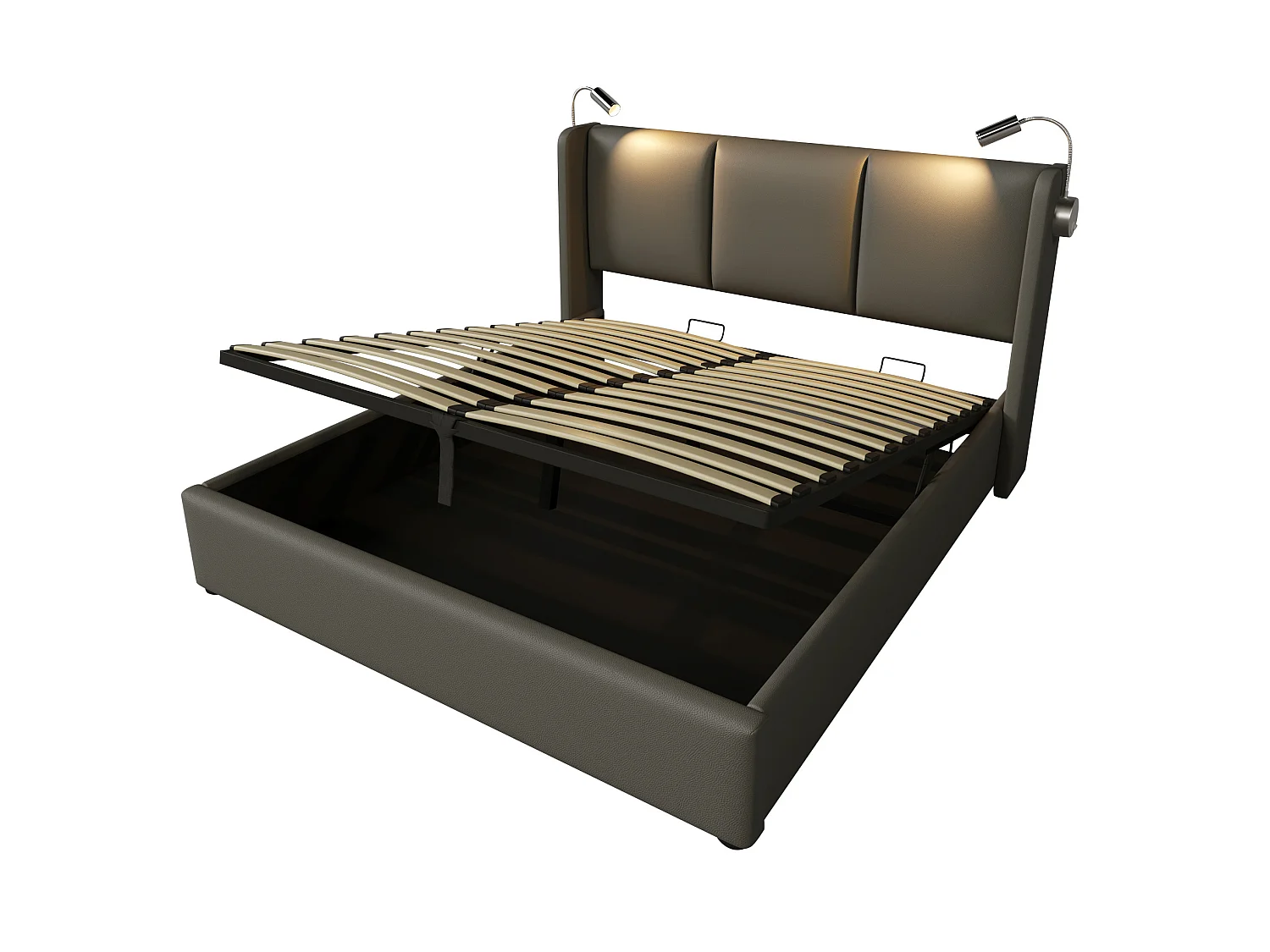 Tweepersoonsbed met opbergruimte (180x200 cm) van PU-leer, met ledverlichting en USB-poorten – Grijs