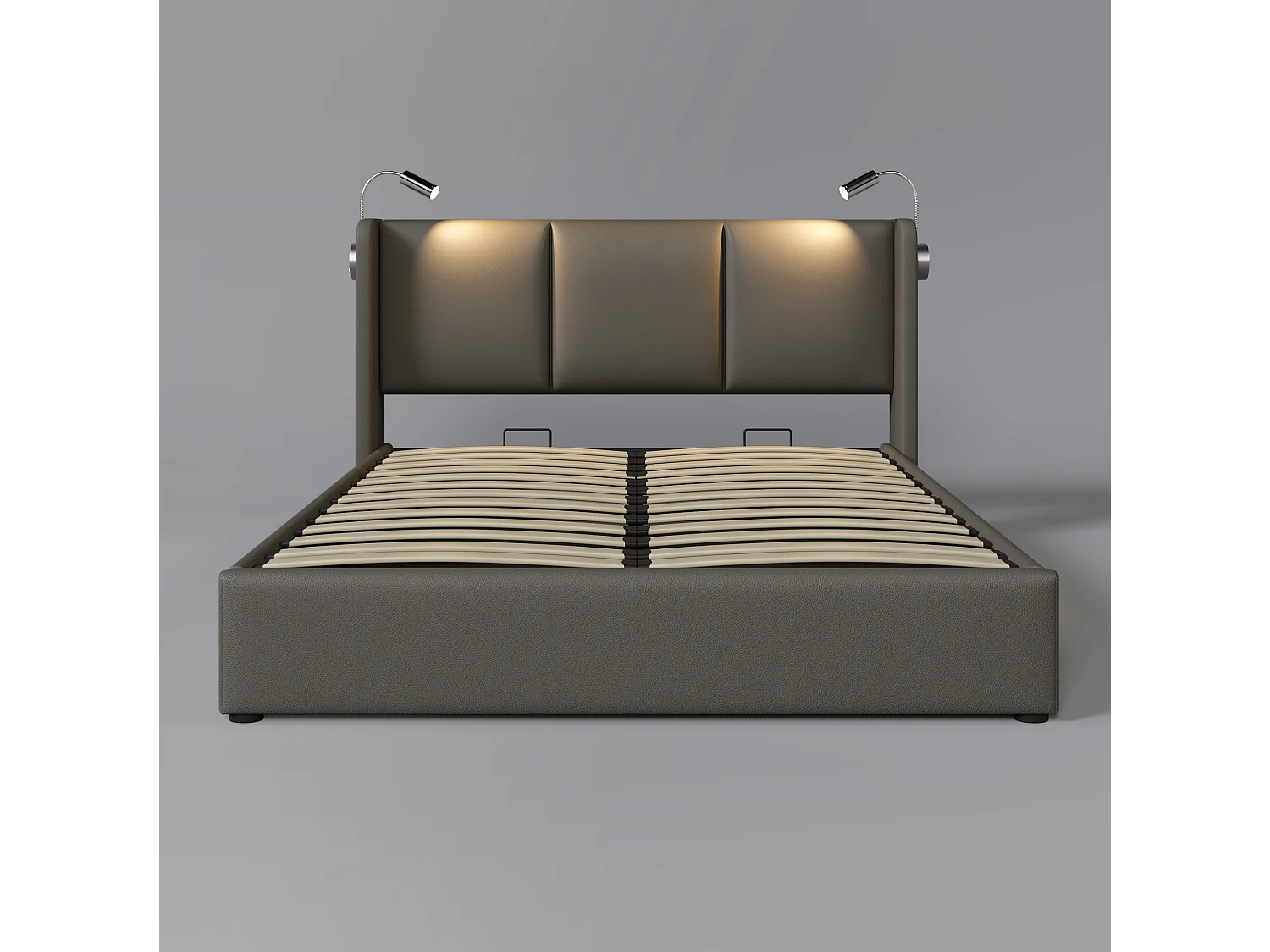 Tweepersoonsbed met opbergruimte (180x200 cm) van PU-leer, met ledverlichting en USB-poorten – Grijs