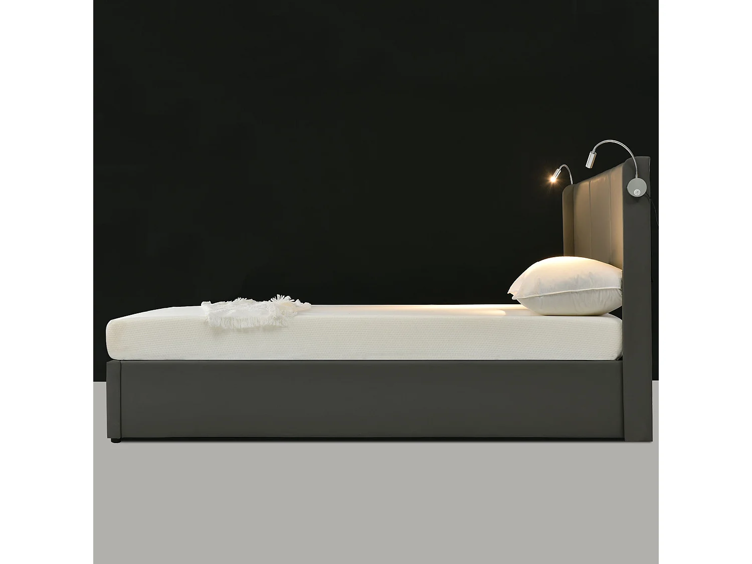 Tweepersoonsbed met opbergruimte (180x200 cm) van PU-leer, met ledverlichting en USB-poorten – Grijs
