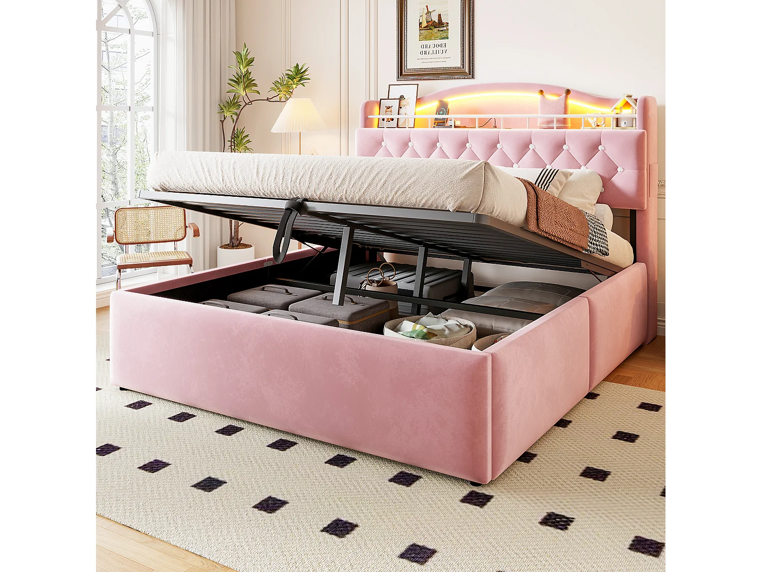 Lit coffre adulte 140x200 cm avec LED et ports USB/USB-C - Velours rose